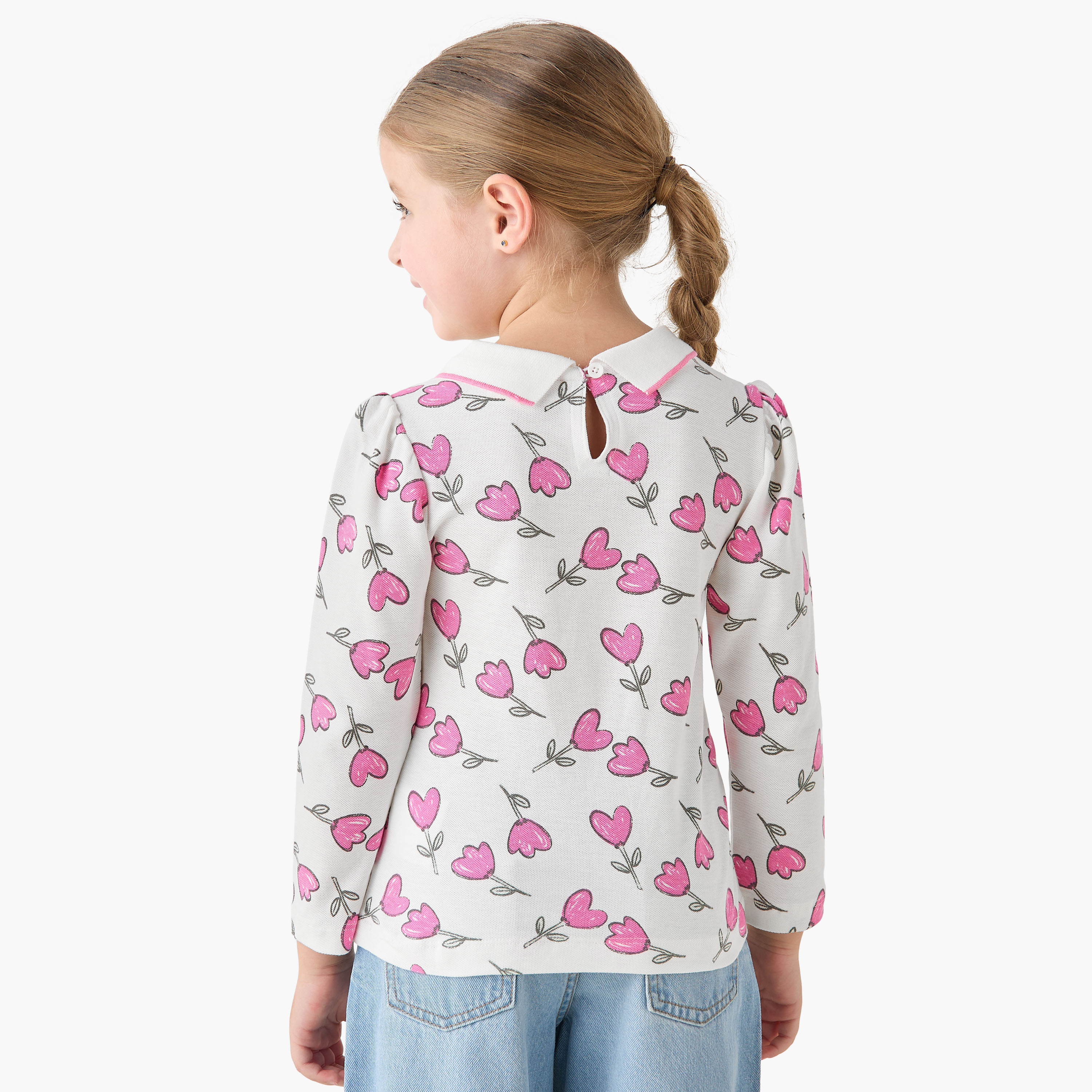 Juniors Polo Neck Short Sleeves T-shirt with Floral Print-girls-clothing-tshirts-image-3