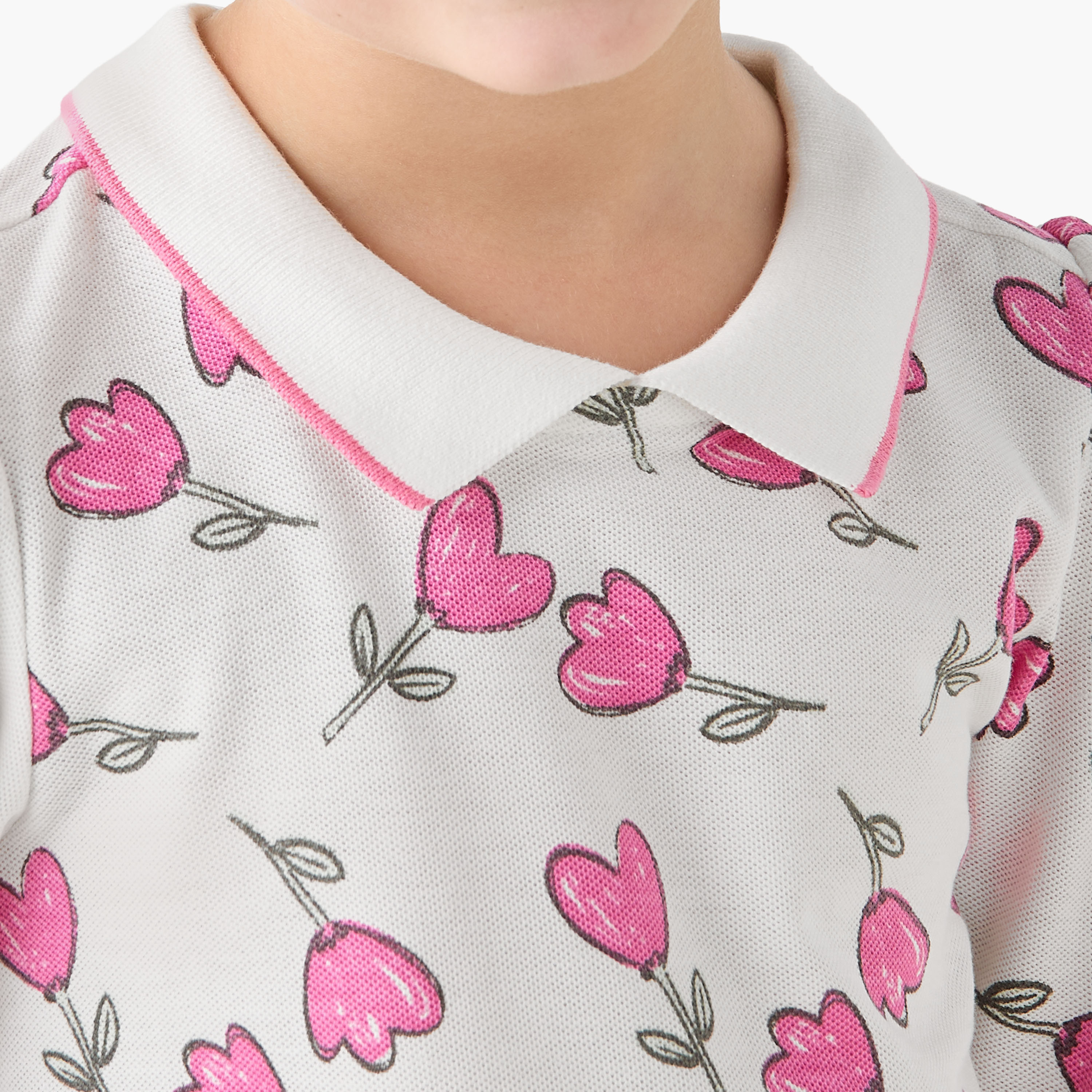 Juniors Polo Neck Short Sleeves T-shirt with Floral Print-girls-clothing-tshirts-image-4