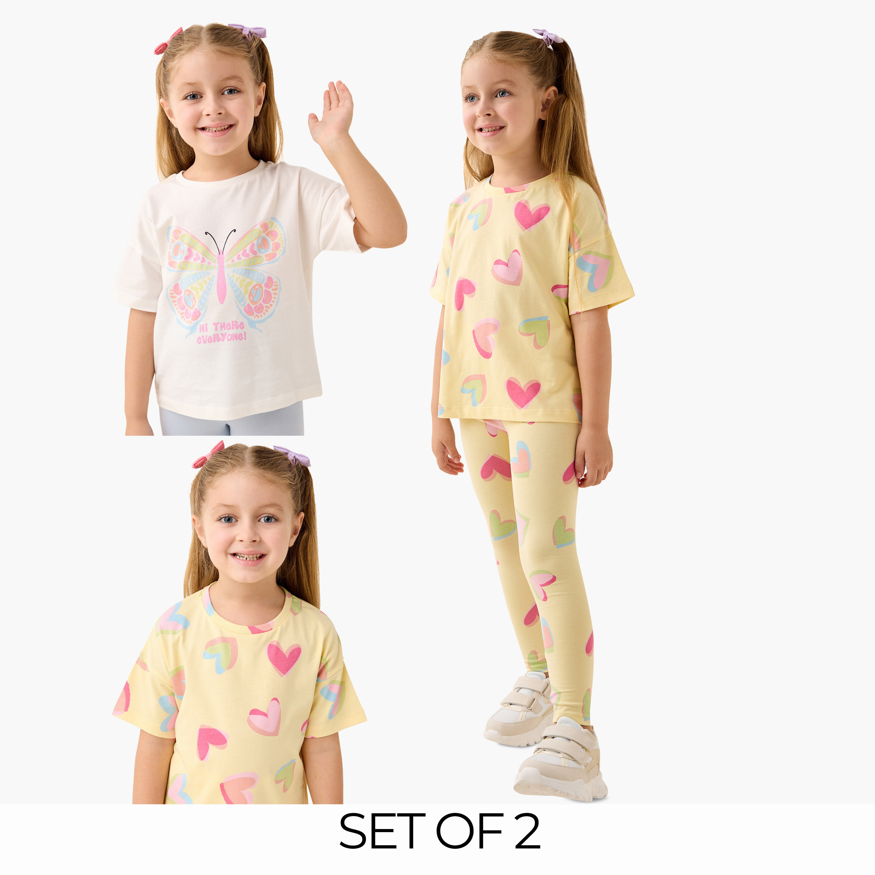 تيشيرت بطبعات وأكمام قصيرة من جونيورز - طقم من قطعتين-girls-clothing-tshirts-image-1
