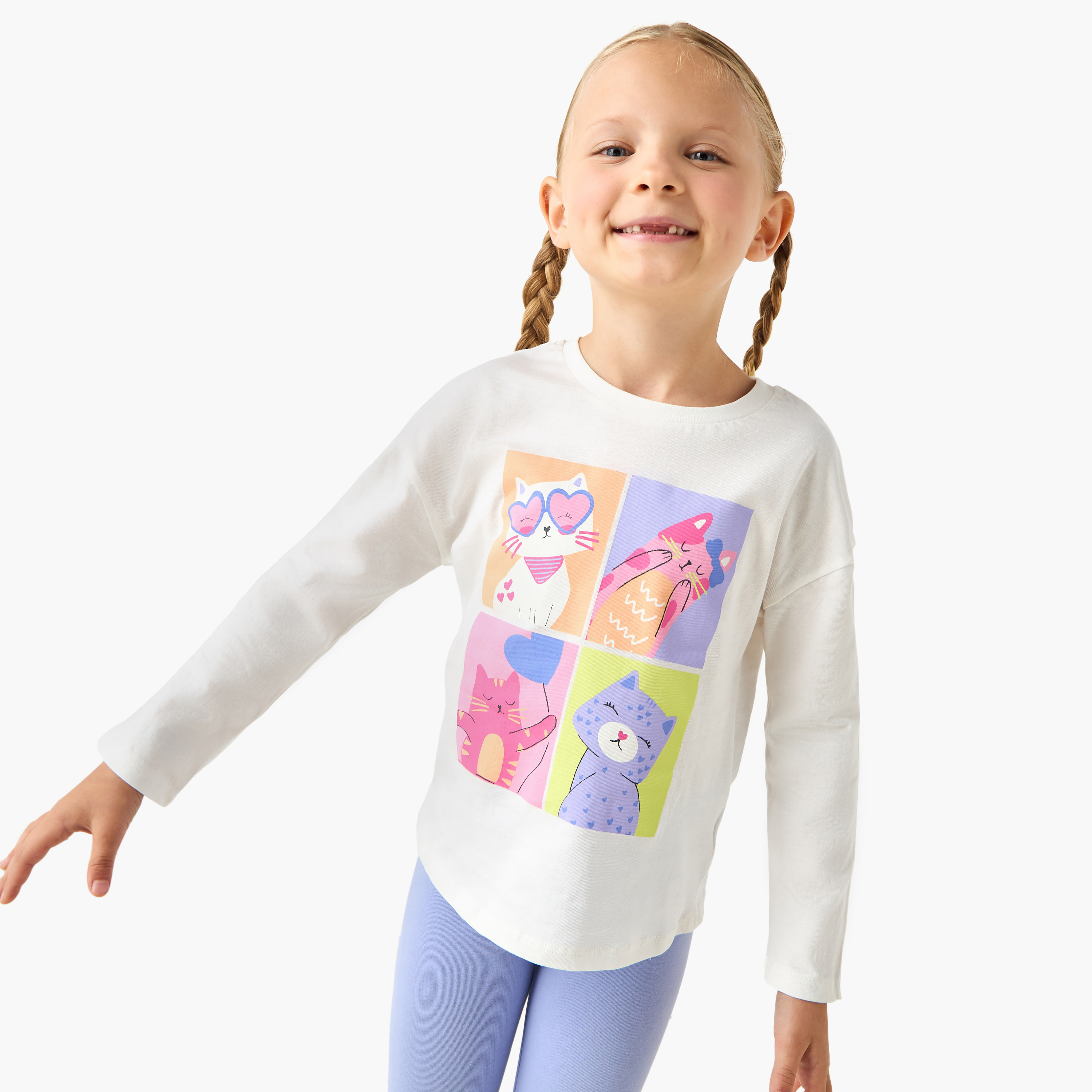 Juniors Girls Crew Neck T-shirt with Cat Print - Cotton - Long Sleeves-girls-clothing-tshirts-image-1