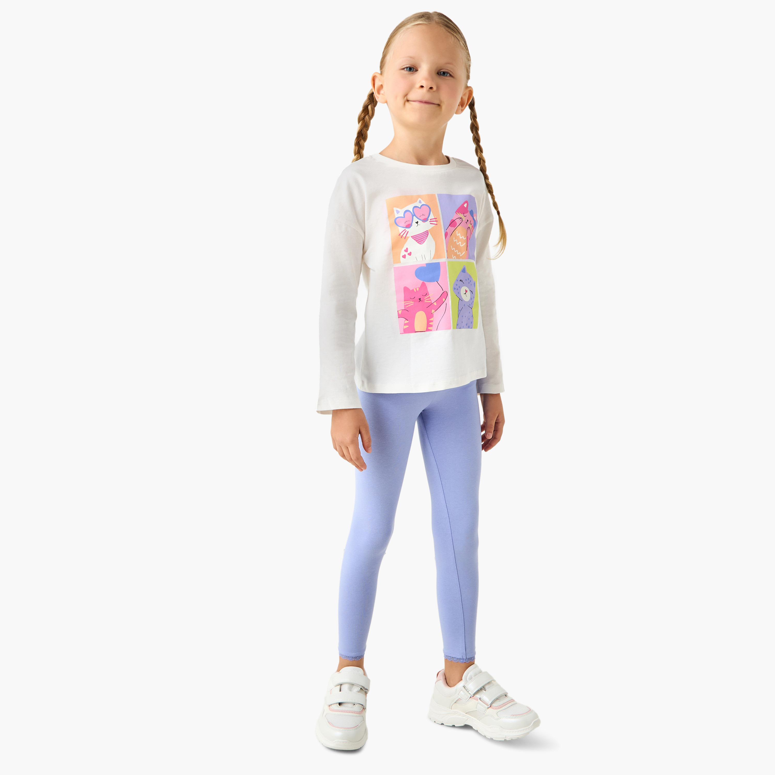 Juniors Girls Crew Neck T-shirt with Cat Print - Cotton - Long Sleeves-girls-clothing-tshirts-image-2