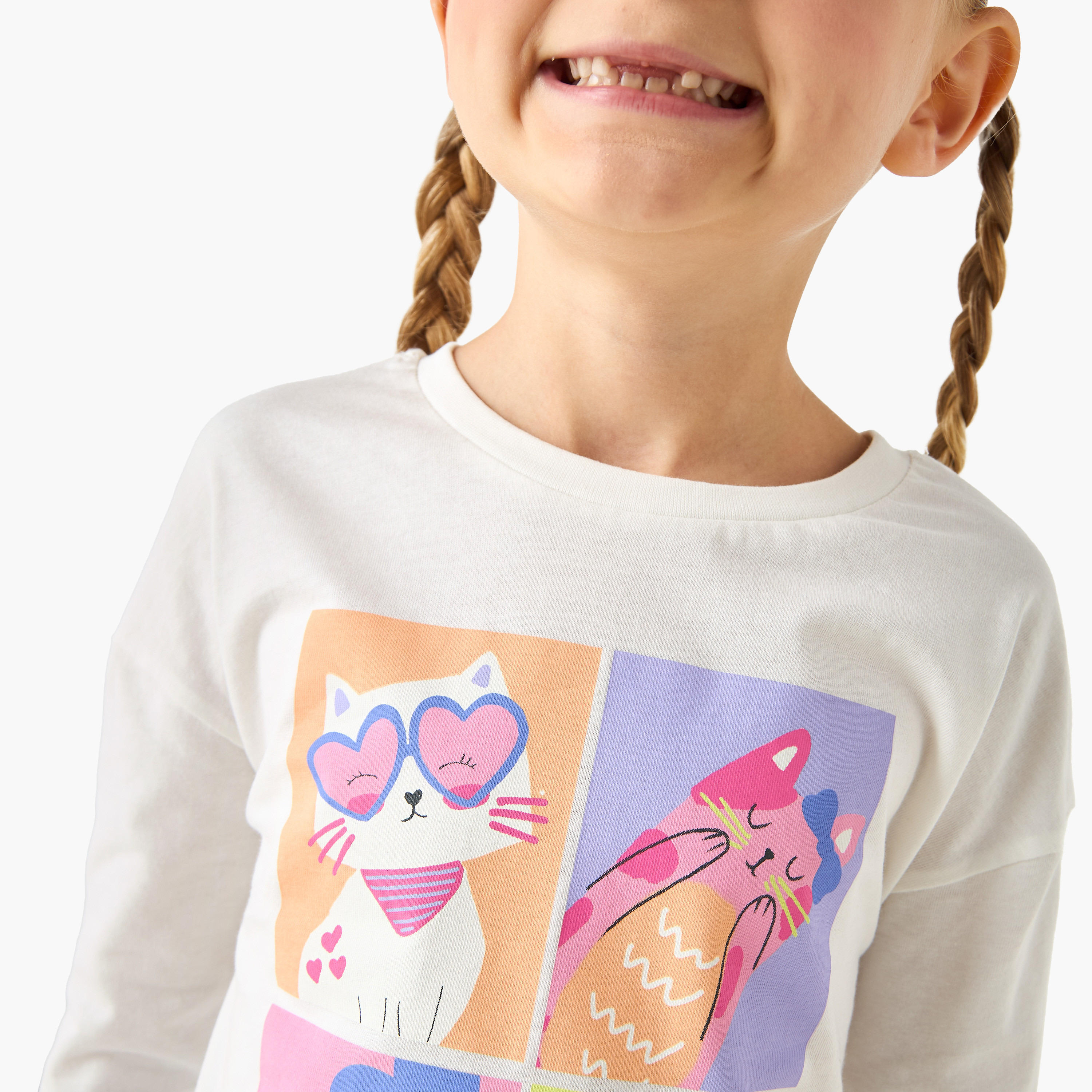 Juniors Girls Crew Neck T-shirt with Cat Print - Cotton - Long Sleeves-girls-clothing-tshirts-image-4