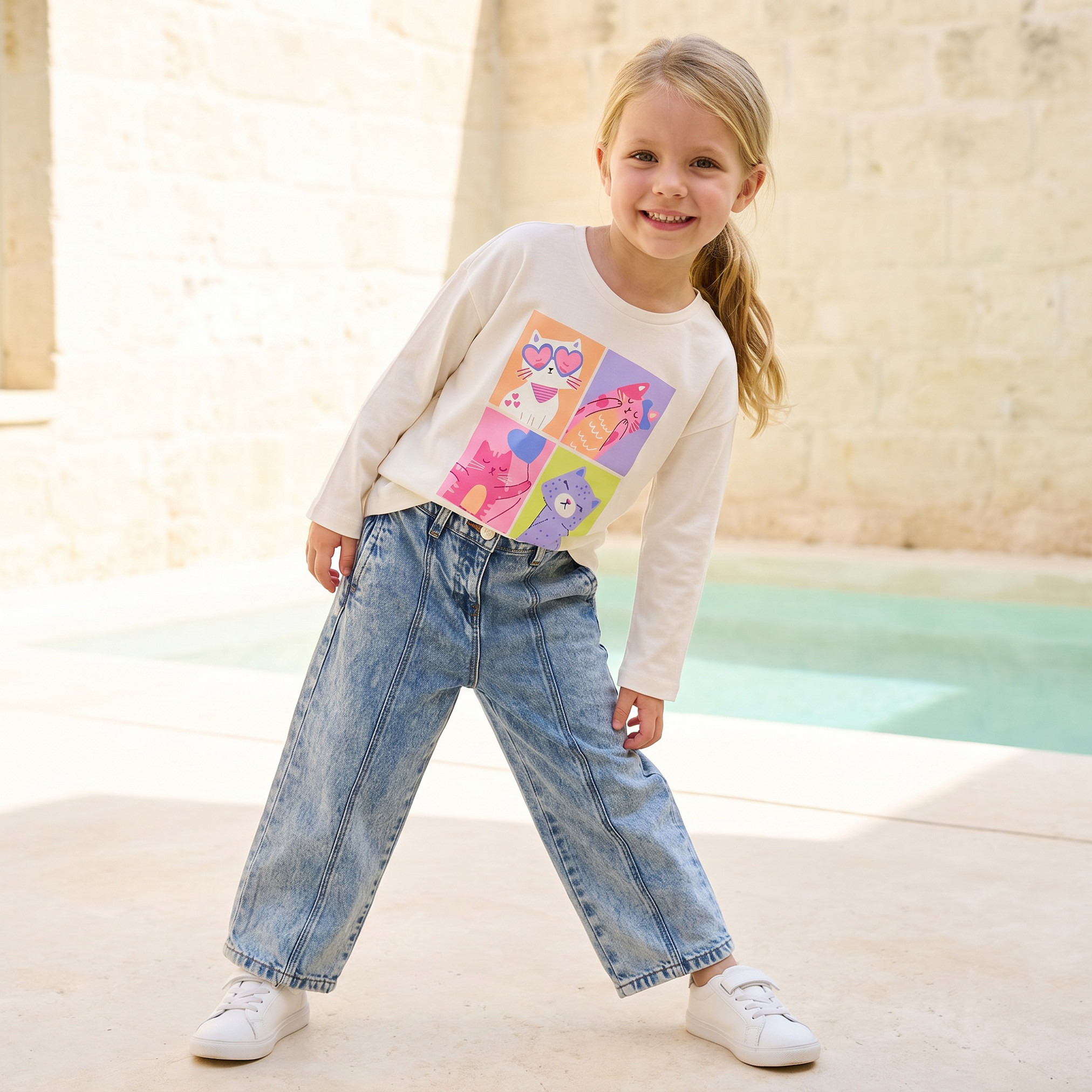 تيشيرت قطن بياقة ضيقة وأكمام طويلة وطبعات قطة للبنات من جوينورز-girls-clothing-tshirts-image-6