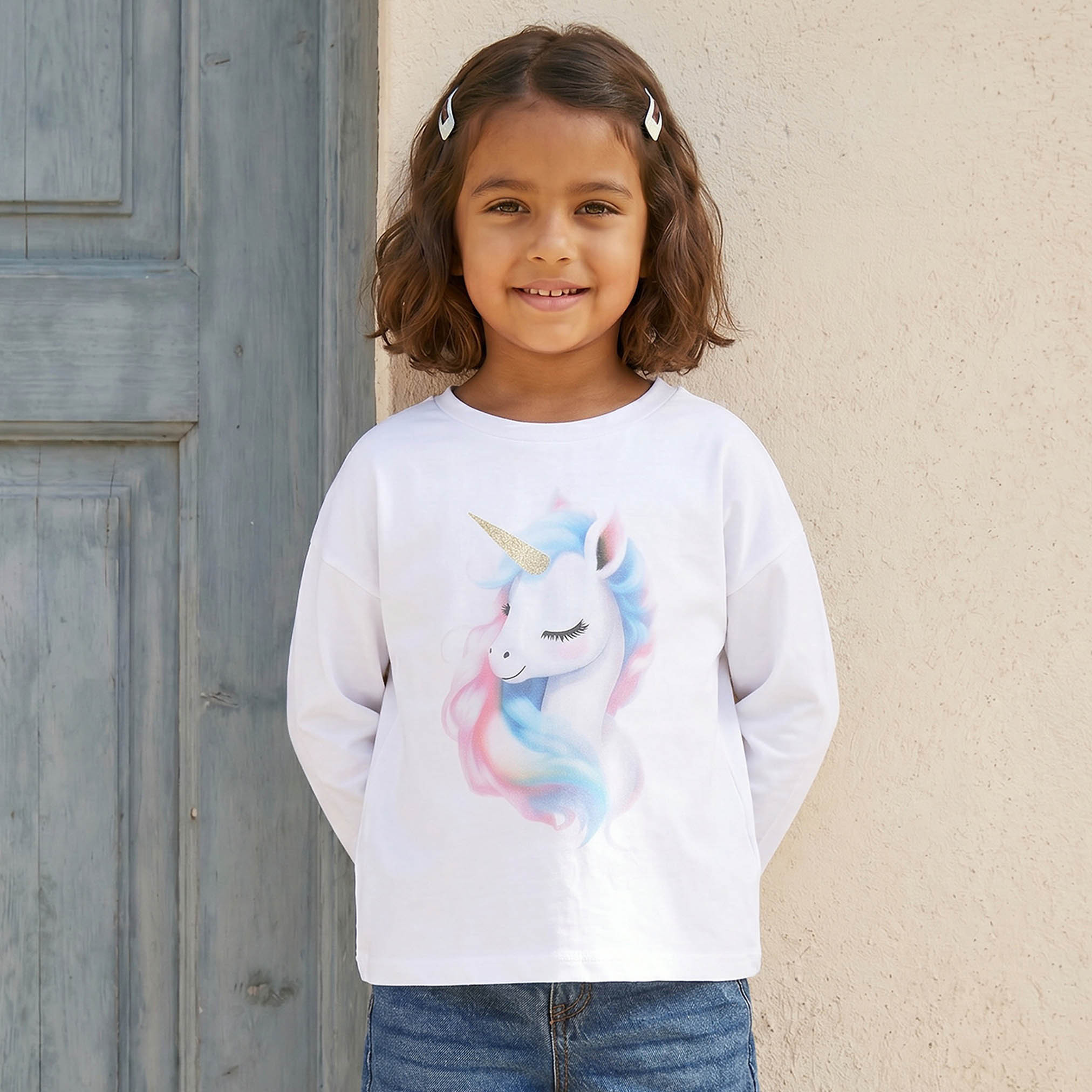 Juniors Girls Crew Neck T-shirt with Butterfly Print - Cotton - Long Sleeves-girls-clothing-tshirts-image-1
