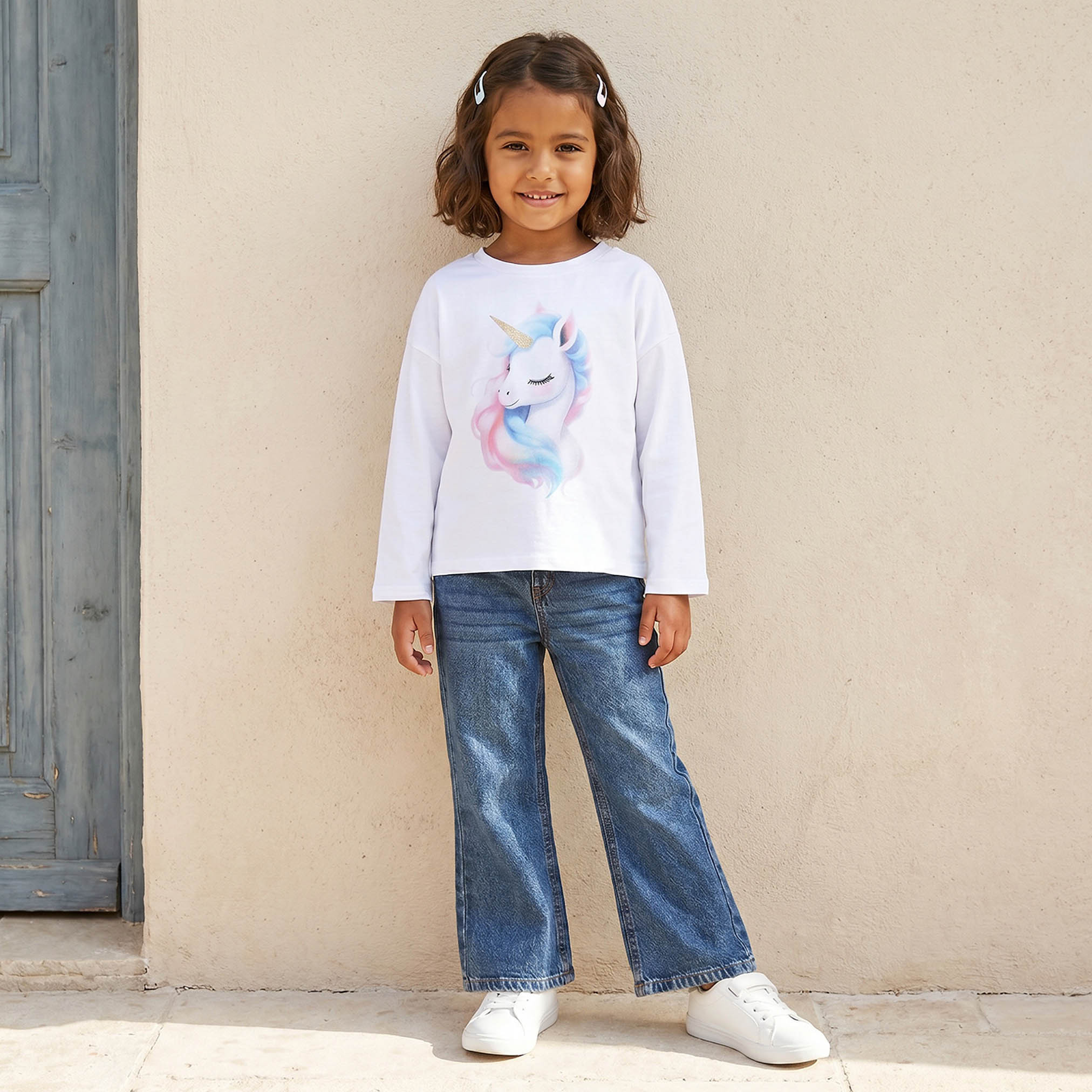Juniors Girls Crew Neck T-shirt with Butterfly Print - Cotton - Long Sleeves-girls-clothing-tshirts-image-2