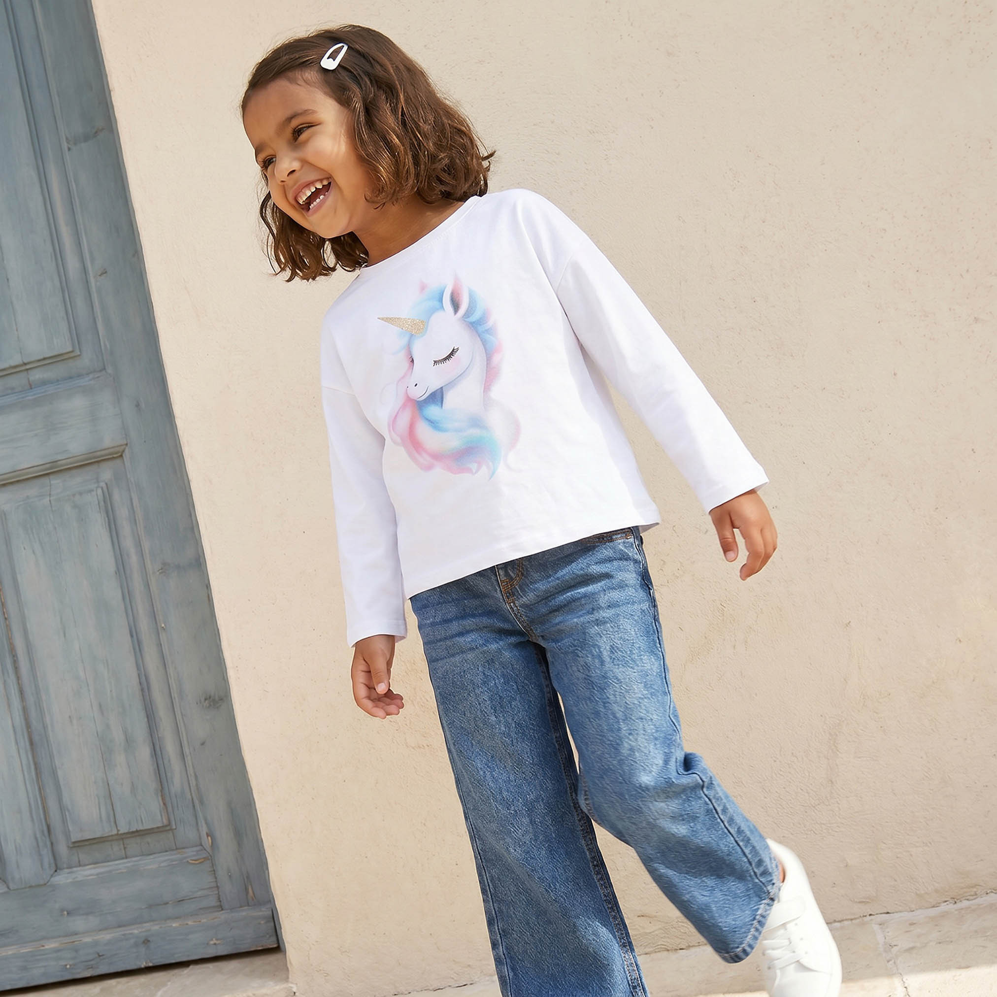 Juniors Girls Crew Neck T-shirt with Butterfly Print - Cotton - Long Sleeves-girls-clothing-tshirts-image-5