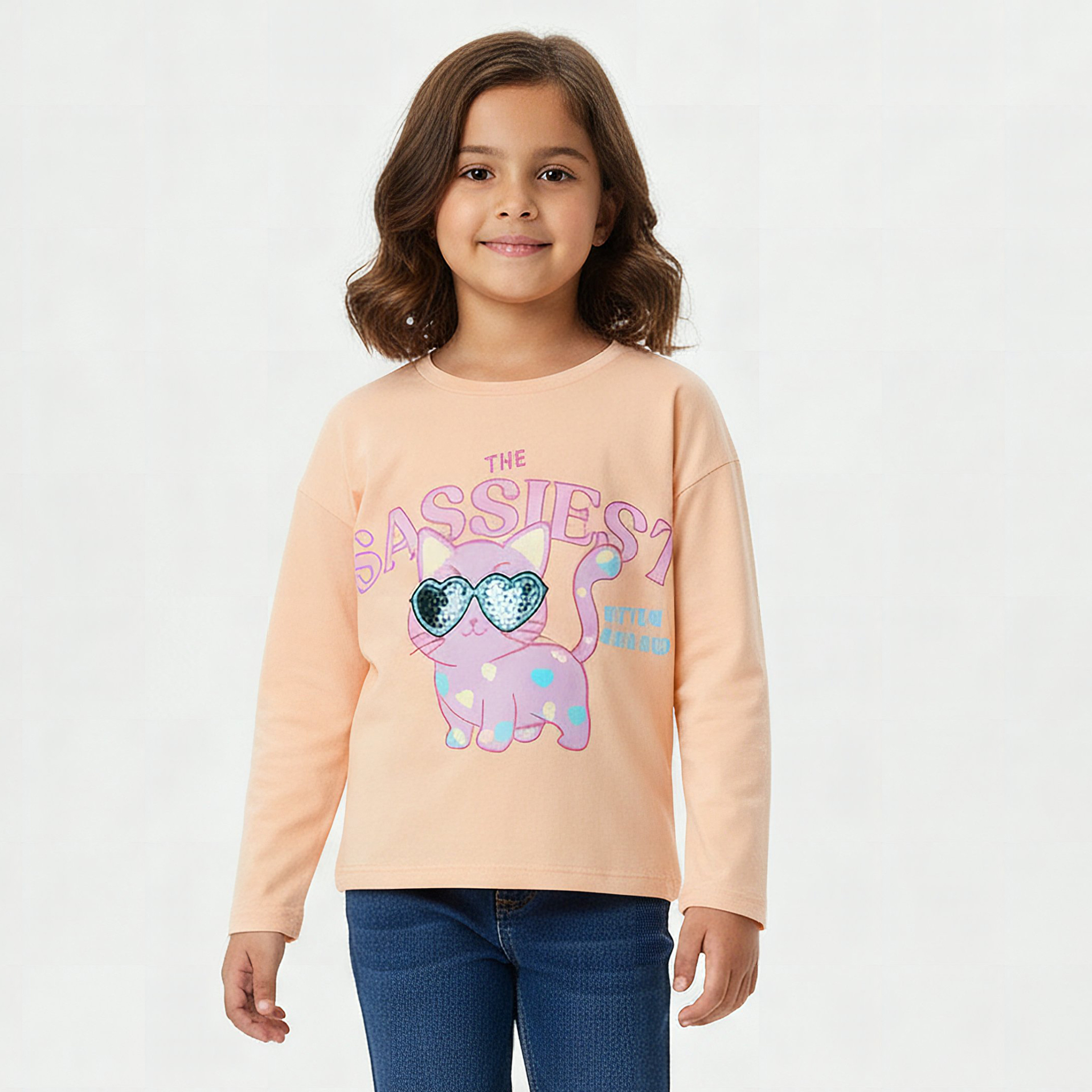 Juniors Crew Neck Long Sleeves T-shirt with Cat Print-girls-clothing-tshirts-image-1