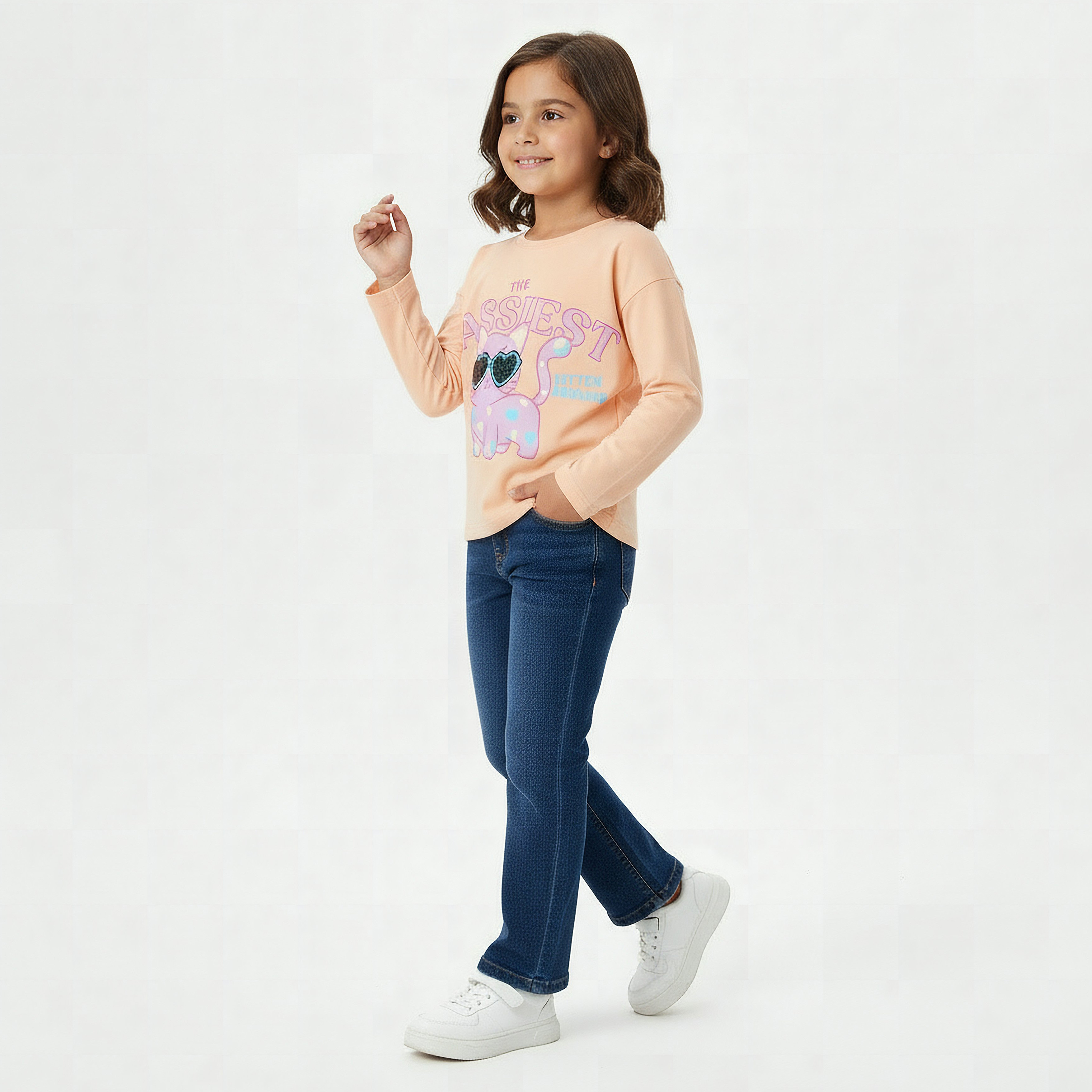 Juniors Crew Neck Long Sleeves T-shirt with Cat Print-girls-clothing-tshirts-image-2