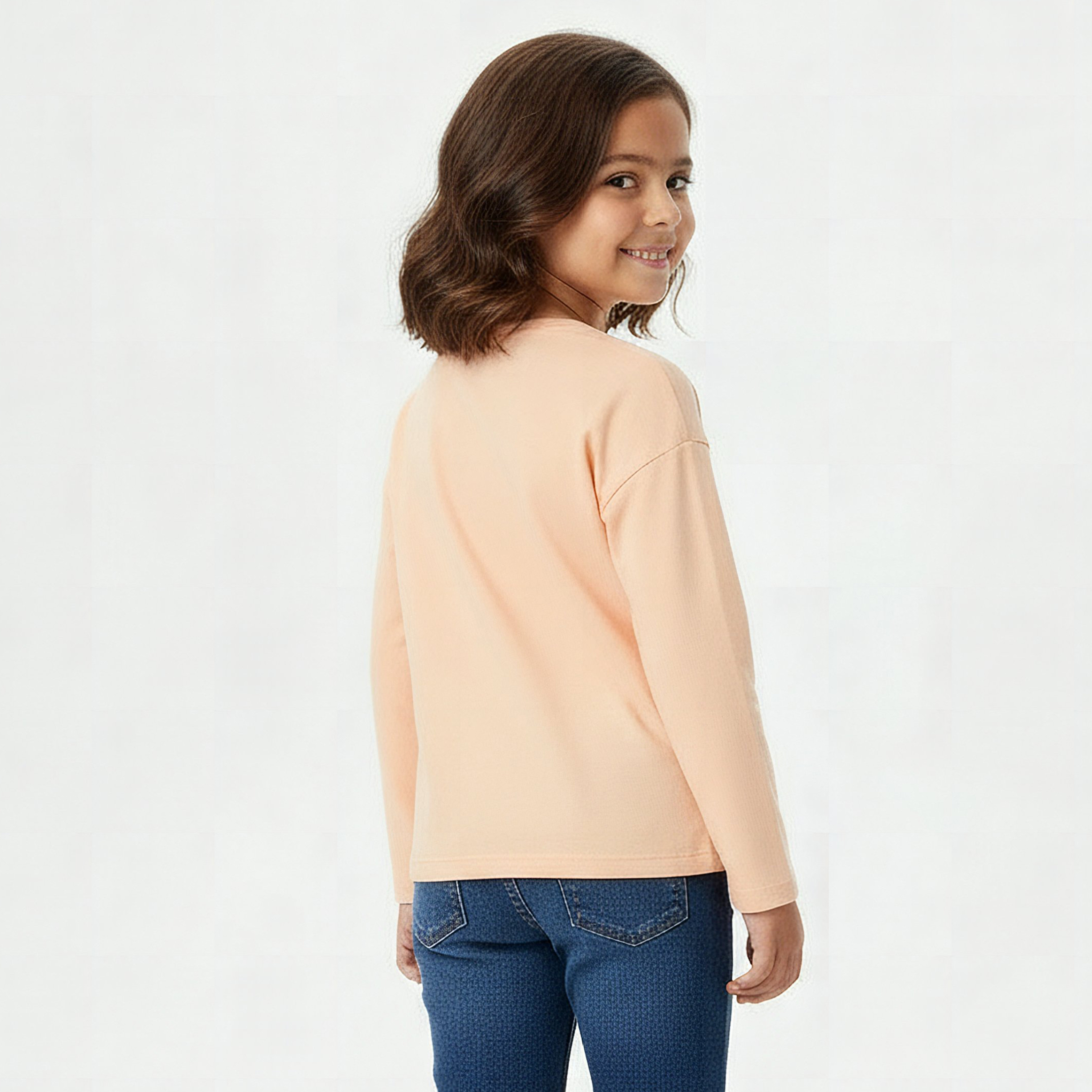 Juniors Crew Neck Long Sleeves T-shirt with Cat Print-girls-clothing-tshirts-image-3