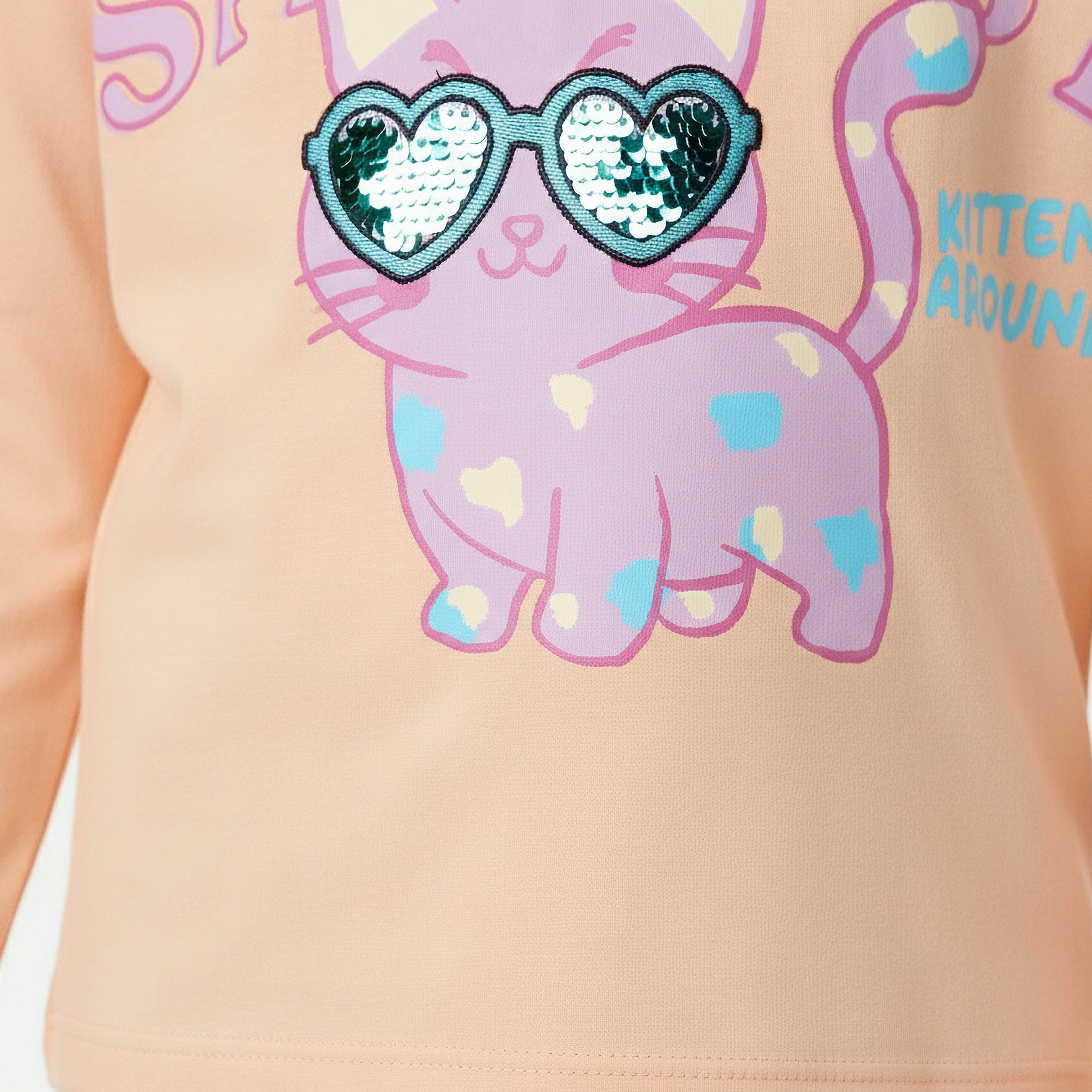 Juniors Crew Neck Long Sleeves T-shirt with Cat Print-girls-clothing-tshirts-image-4