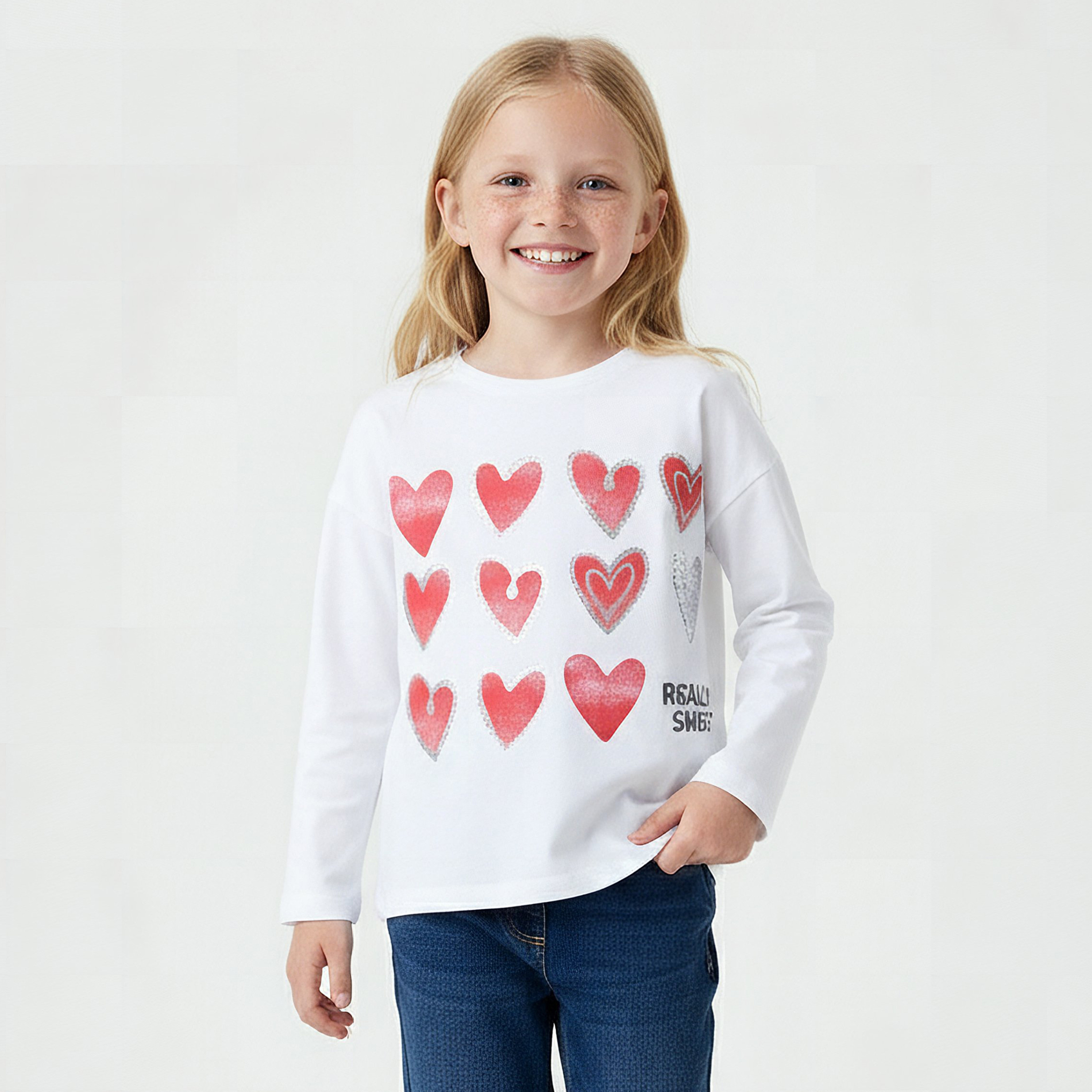 Juniors Crew Neck Long Sleeves T-shirt with Heart Print-girls-clothing-tshirts-image-1