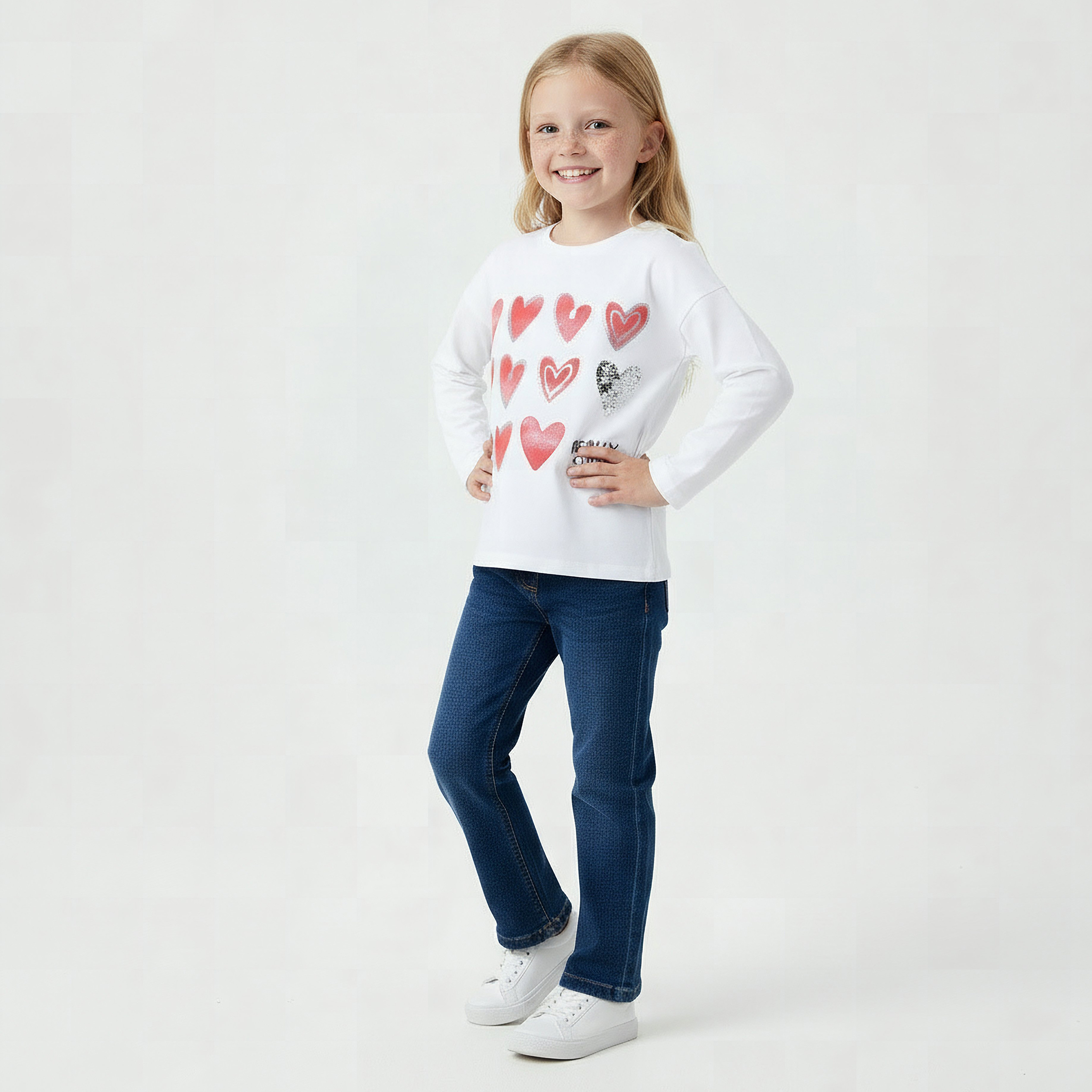 Juniors Crew Neck Long Sleeves T-shirt with Heart Print-girls-clothing-tshirts-image-2
