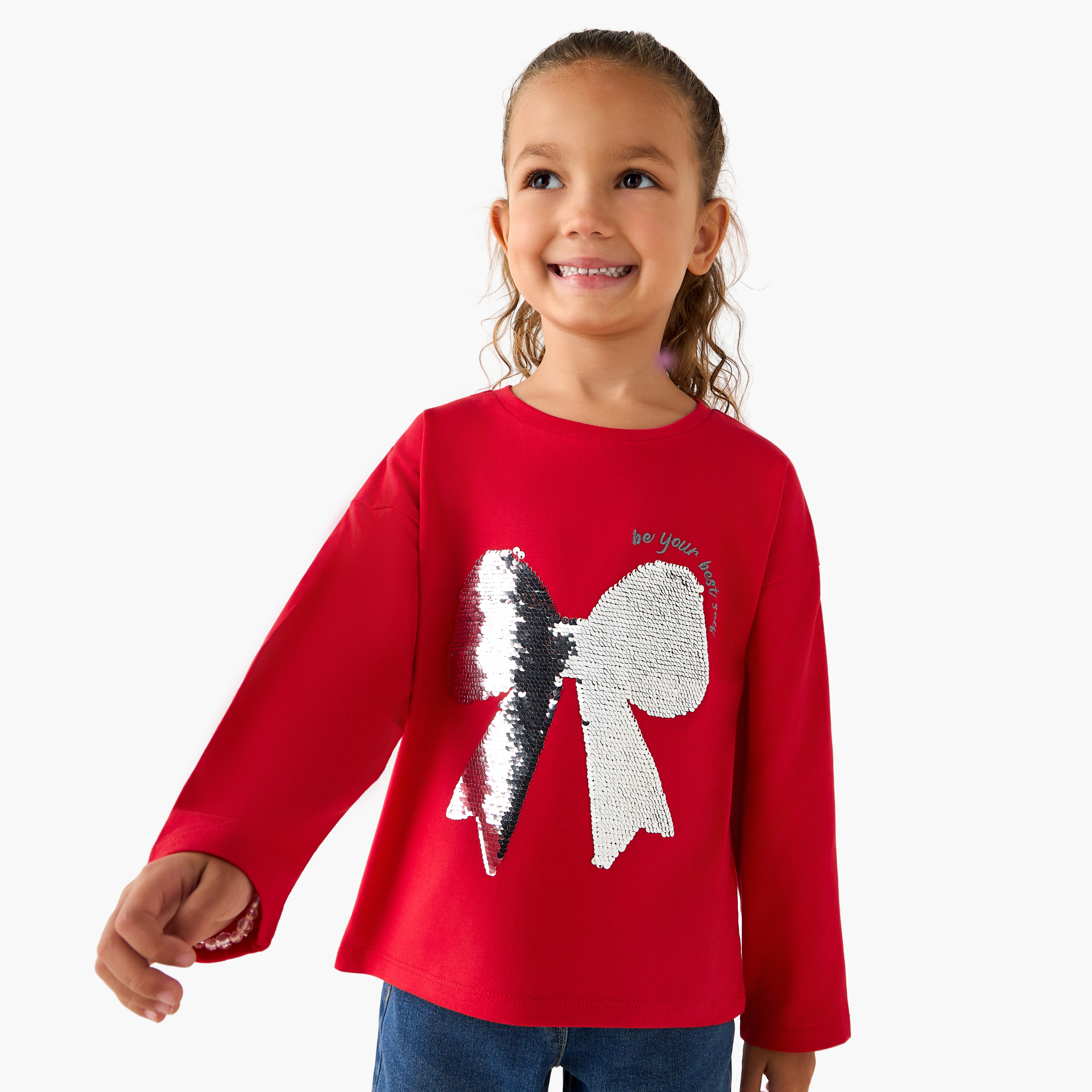 Juniors Crew Neck Long Sleeves T-shirt with Bow Embellishment-girls-clothing-tshirts-image-1