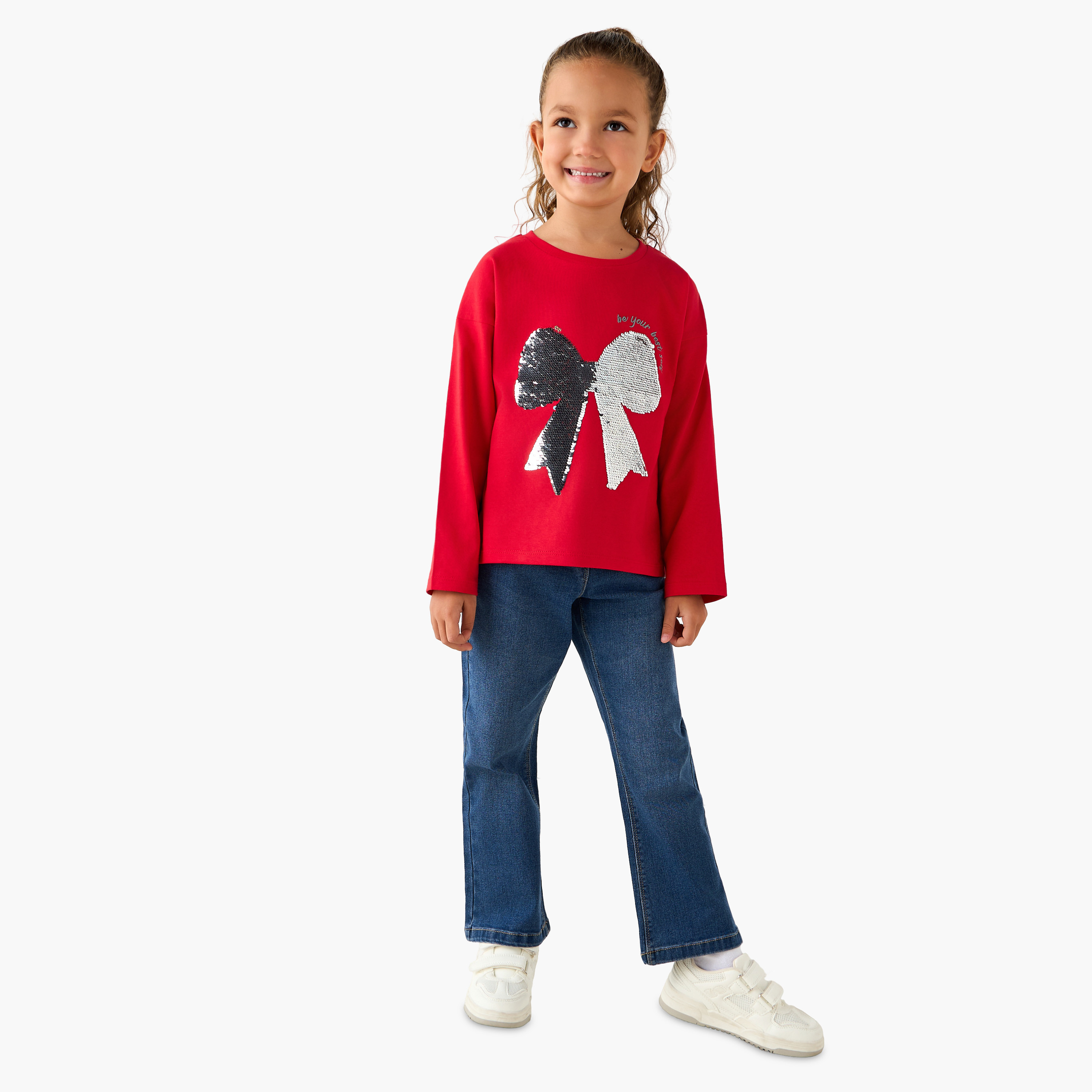Juniors Crew Neck Long Sleeves T-shirt with Bow Embellishment-girls-clothing-tshirts-image-2