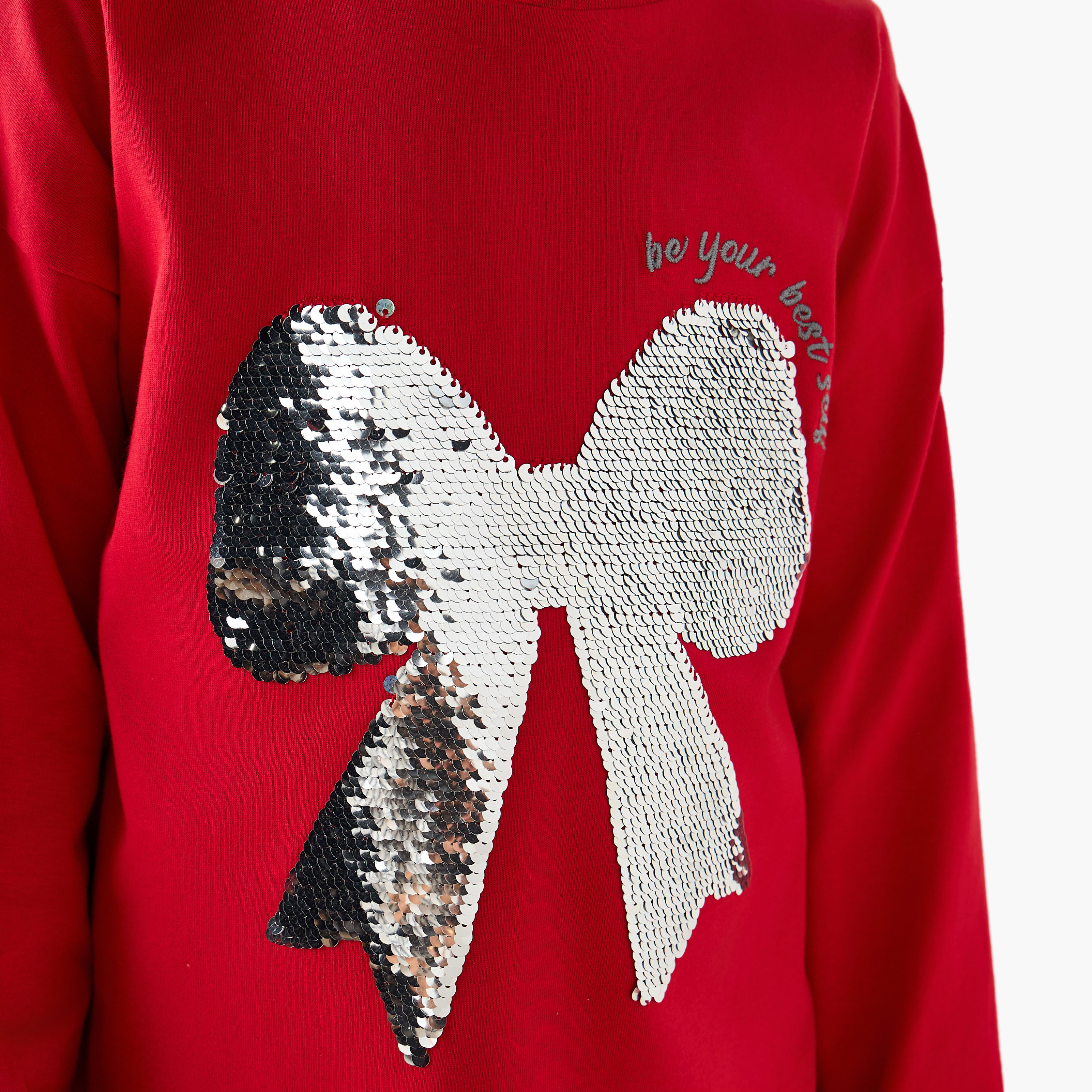 Juniors Crew Neck Long Sleeves T-shirt with Bow Embellishment-girls-clothing-tshirts-image-4