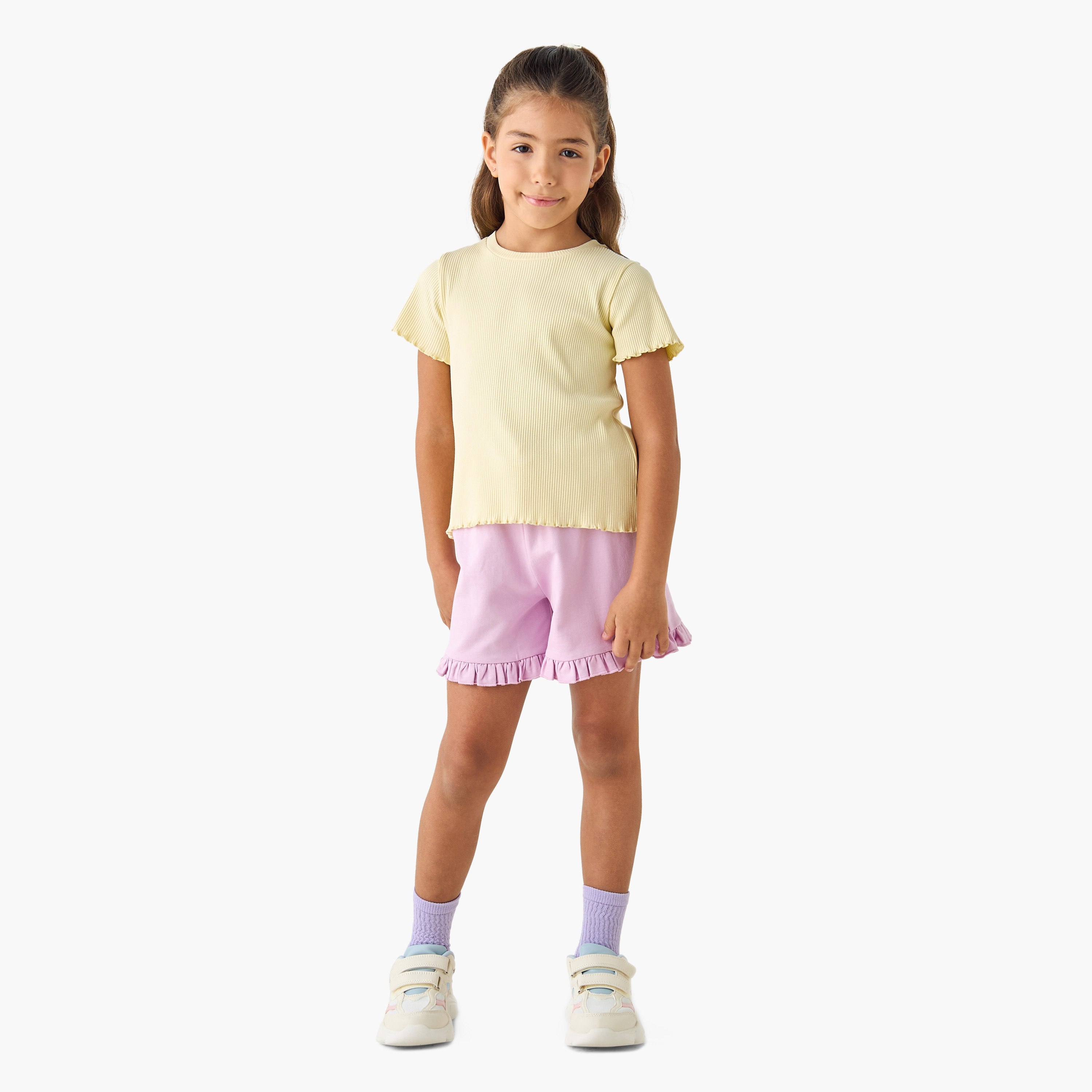 Juniors Solid Shorts with Elasticated Waistband and Frill Detail-girls-clothing-bottoms-shorts-image-2