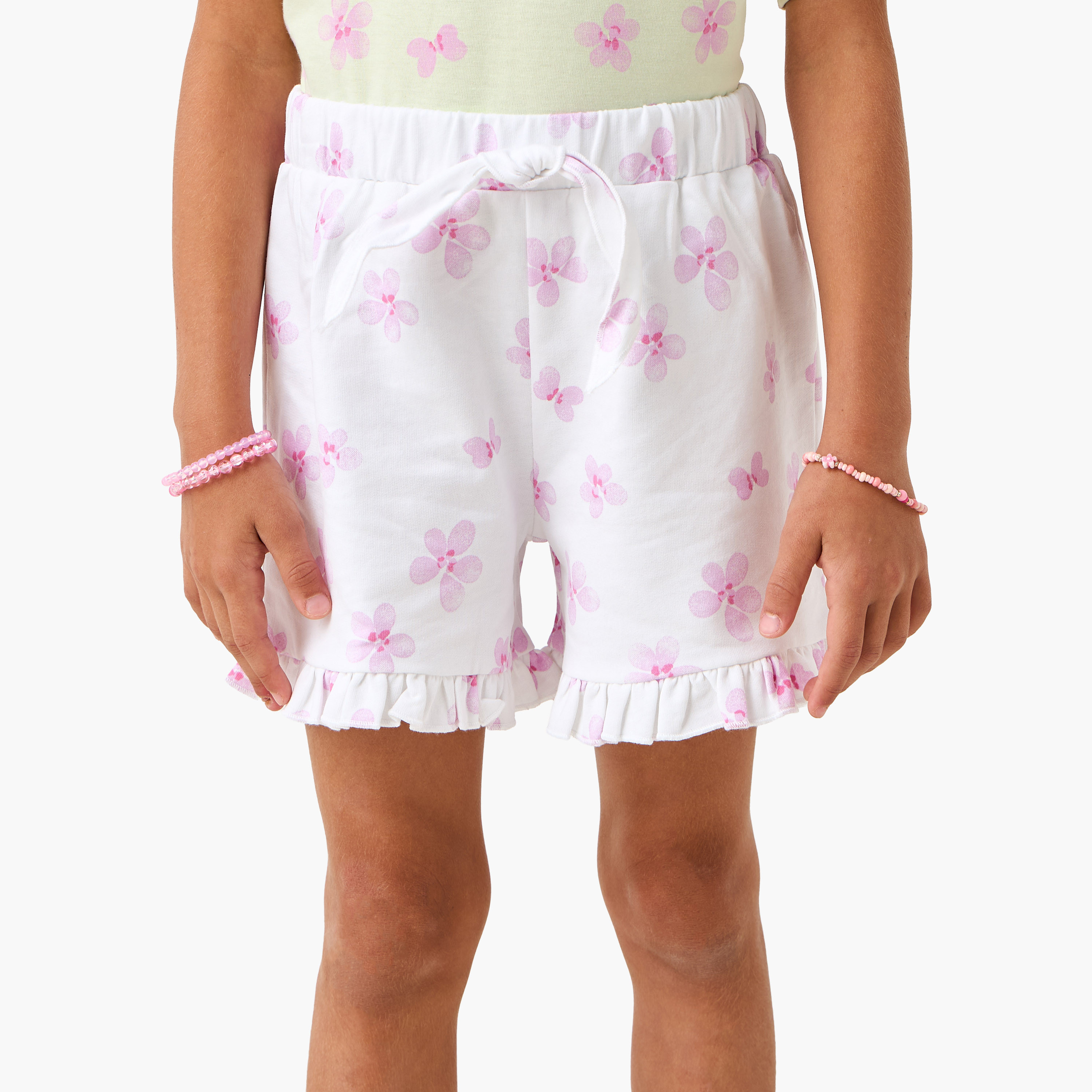 Juniors Floral Print Shorts with Ruffle Hem and Elasticated Waistband-girls-clothing-bottoms-shorts-image-1