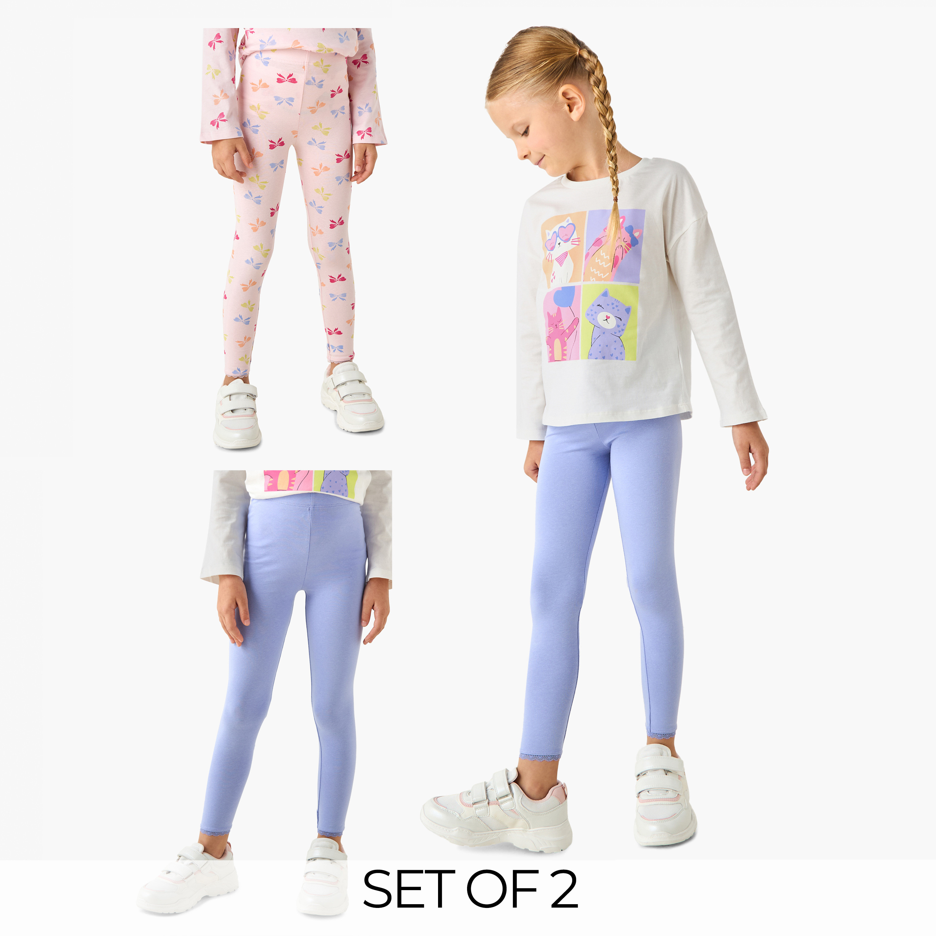 Juniors Girls Leggings with Lace Inserts - Cotton - Elasticated - Set of 2-girls-clothing-bottoms-leggings-image-1