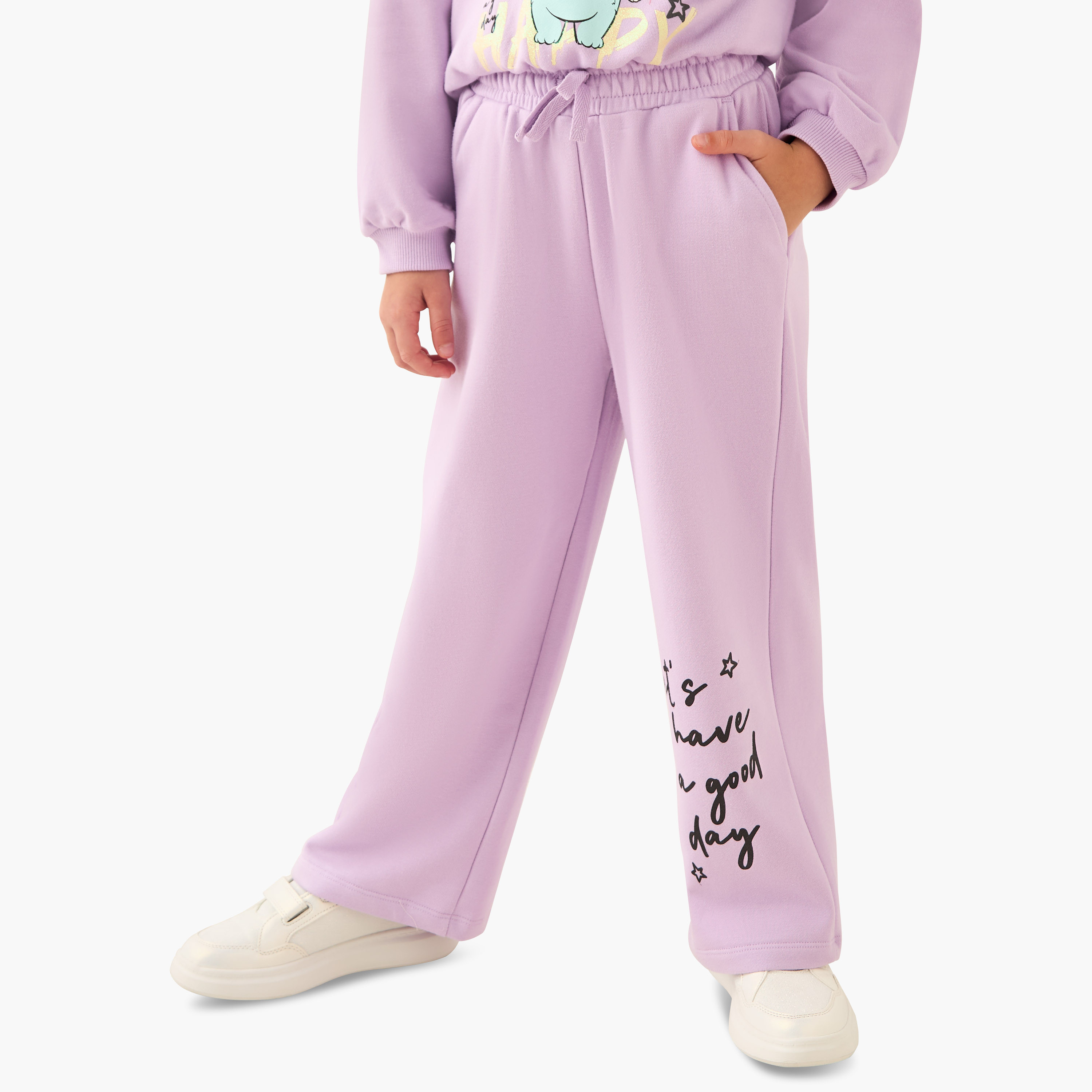 Juniors Drawstring Waist Track Pants with Slogan Print-girls-clothing-bottoms-joggersandtrackpants-image-1