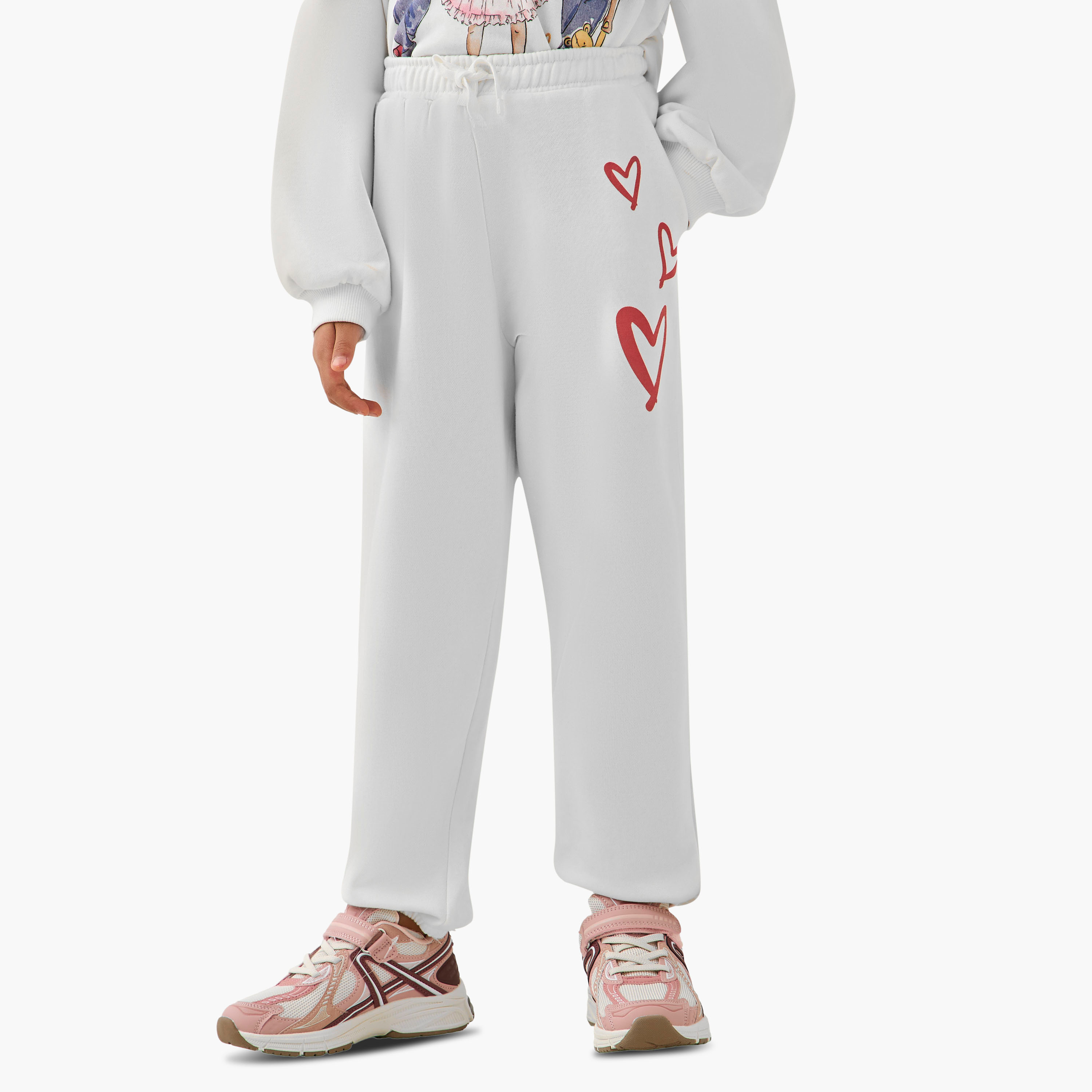 Juniors Elasticated Drawstring Waist Joggers with Heart Print-girls-clothing-bottoms-joggersandtrackpants-image-1