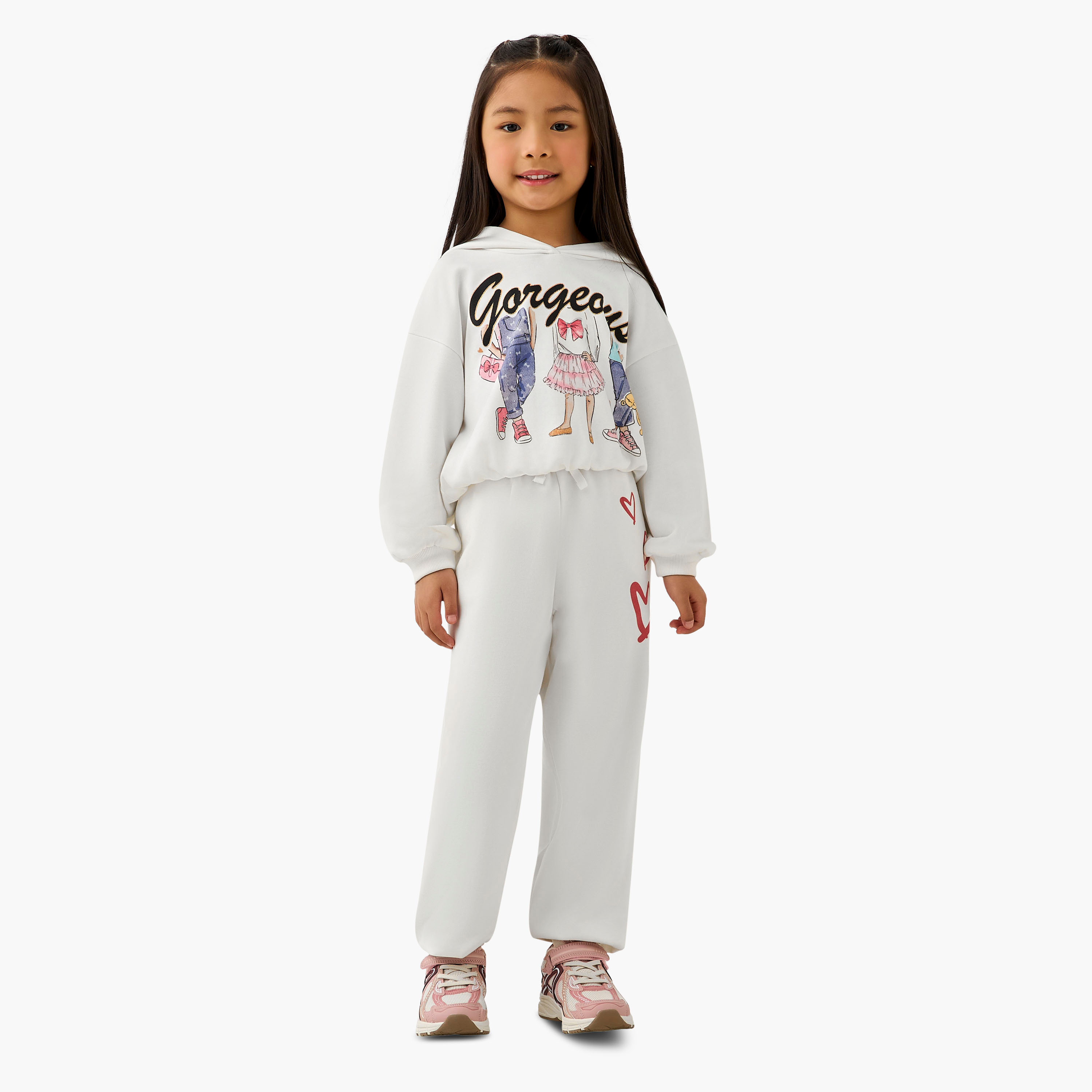Juniors Elasticated Drawstring Waist Joggers with Heart Print-girls-clothing-bottoms-joggersandtrackpants-image-2