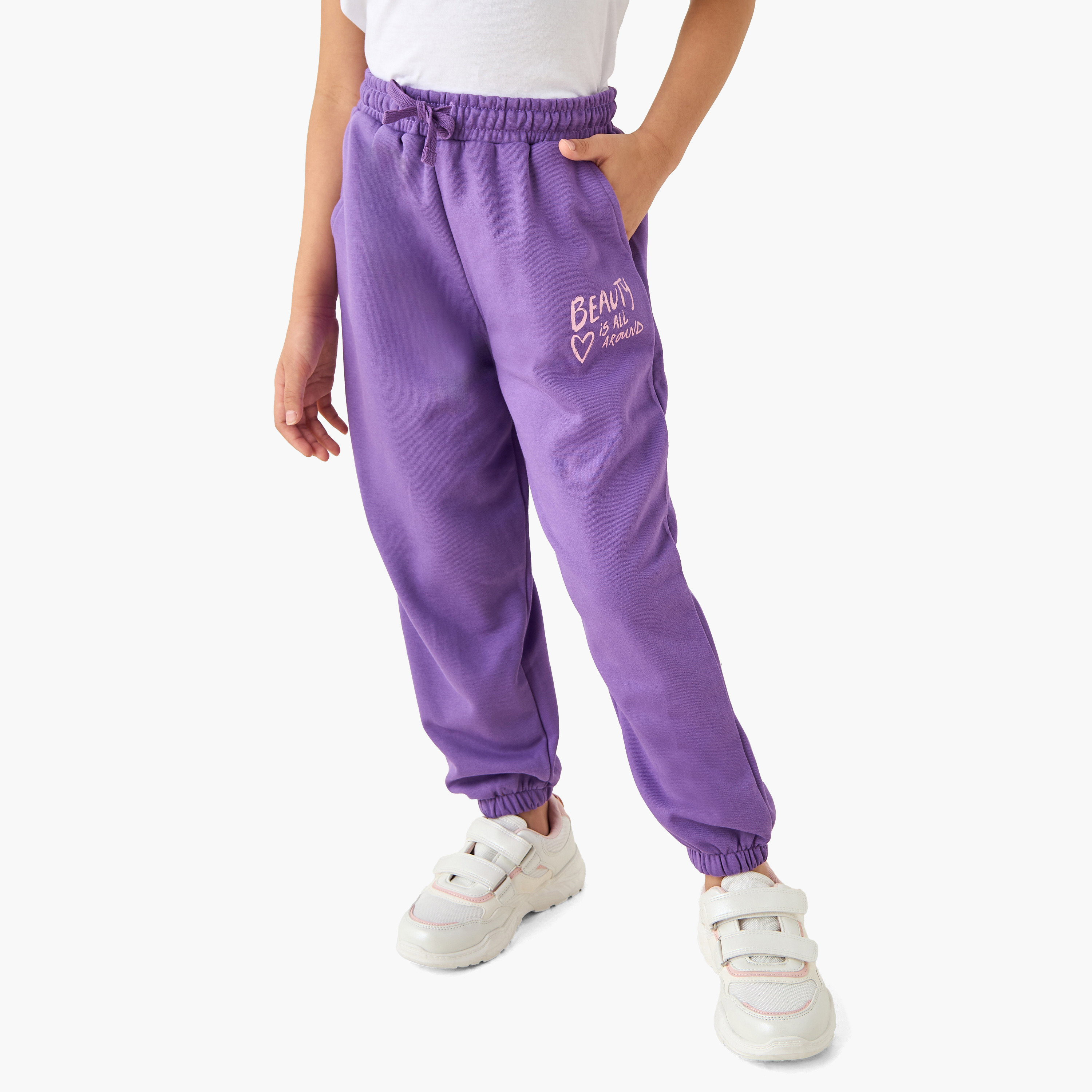 Juniors Girls Joggers with Slogan Print - Cotton Blend - Elastic Waist-baby-girls-clothing-bottoms-joggersandtrackpants-image-1