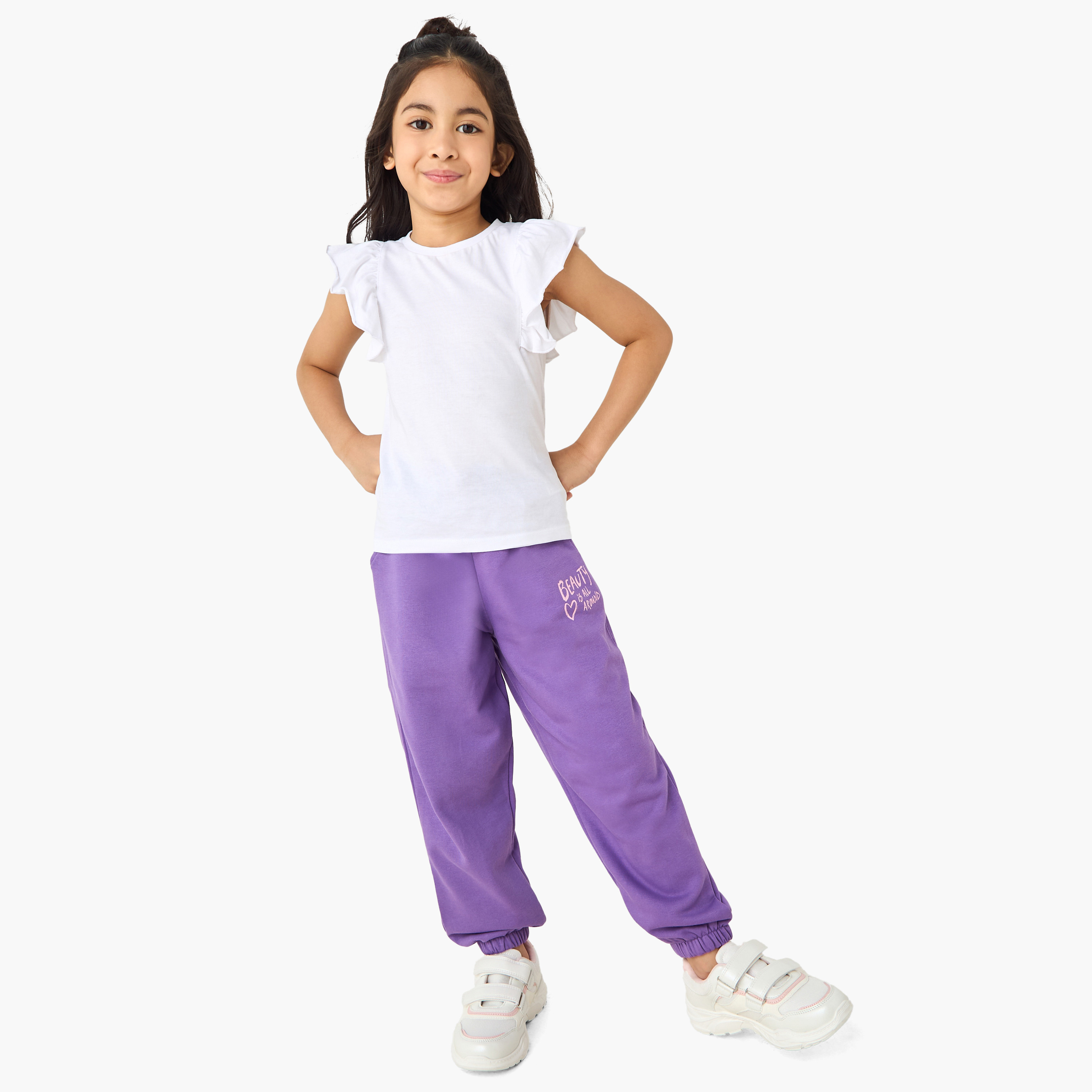 Juniors Girls Joggers with Slogan Print - Cotton Blend - Elastic Waist-baby-girls-clothing-bottoms-joggersandtrackpants-image-2