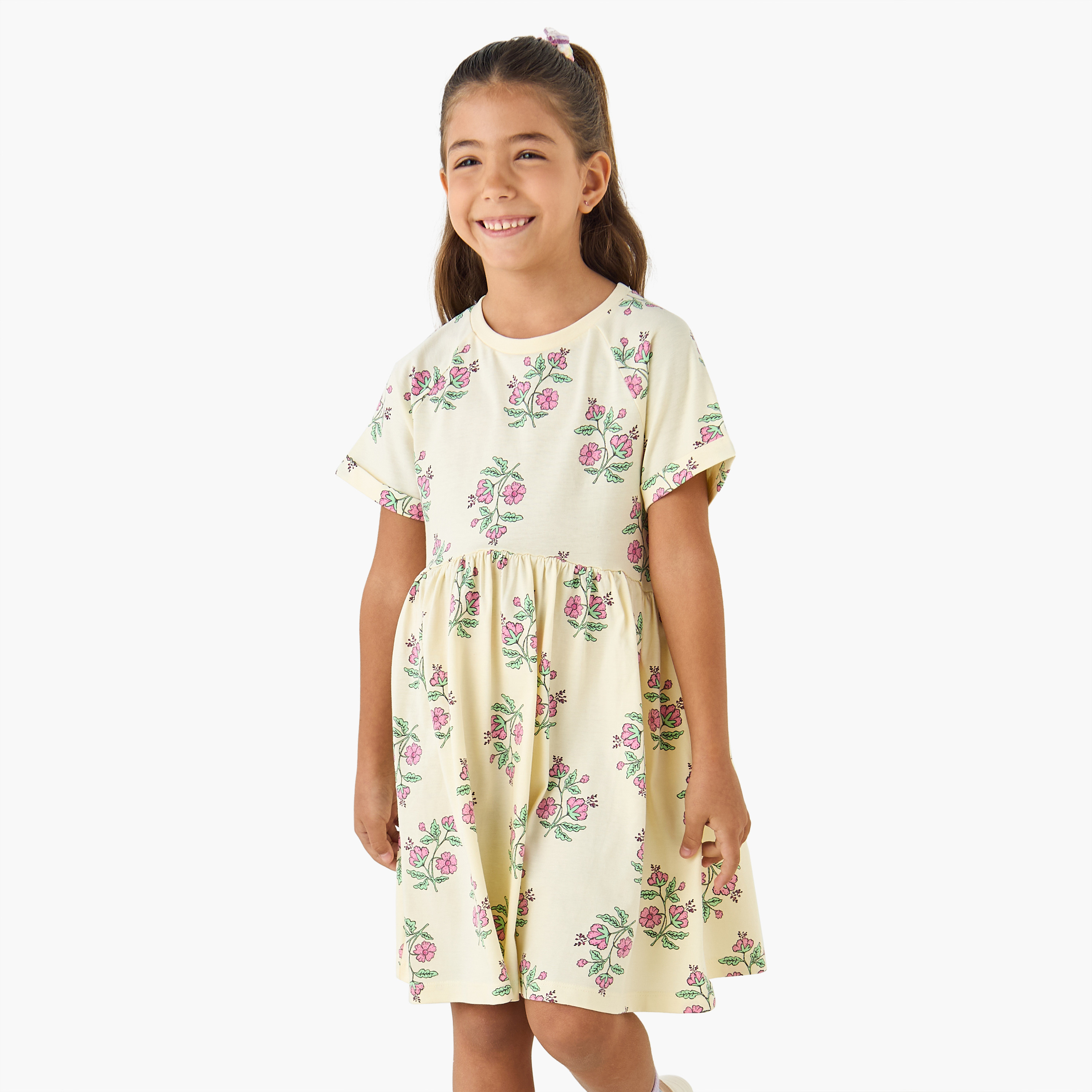 Juniors Floral Print A-line Dress with Round Neck and Raglan Sleeves-girls-clothing-dressesandjumpsuits-image-1