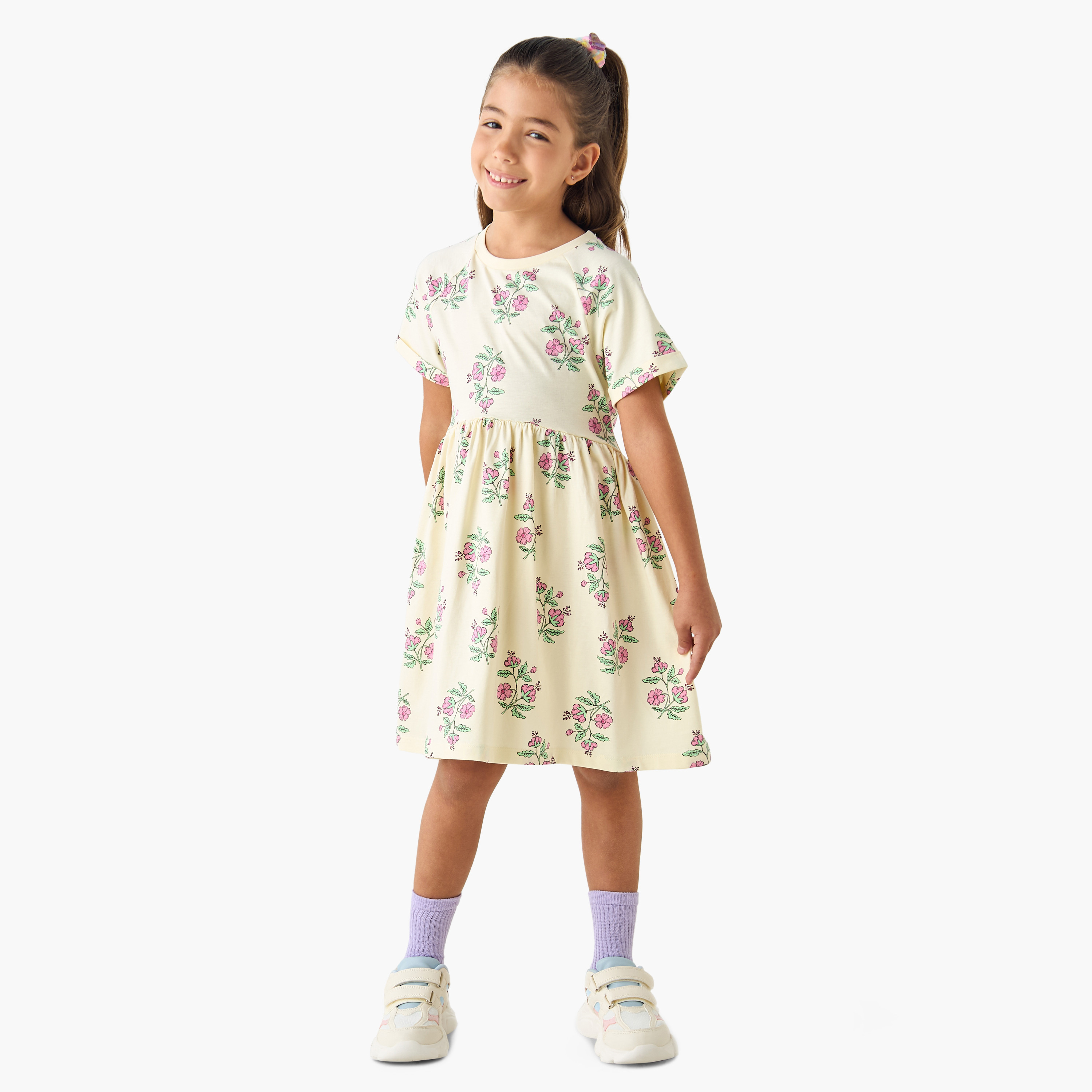Juniors Floral Print A-line Dress with Round Neck and Raglan Sleeves-girls-clothing-dressesandjumpsuits-image-2