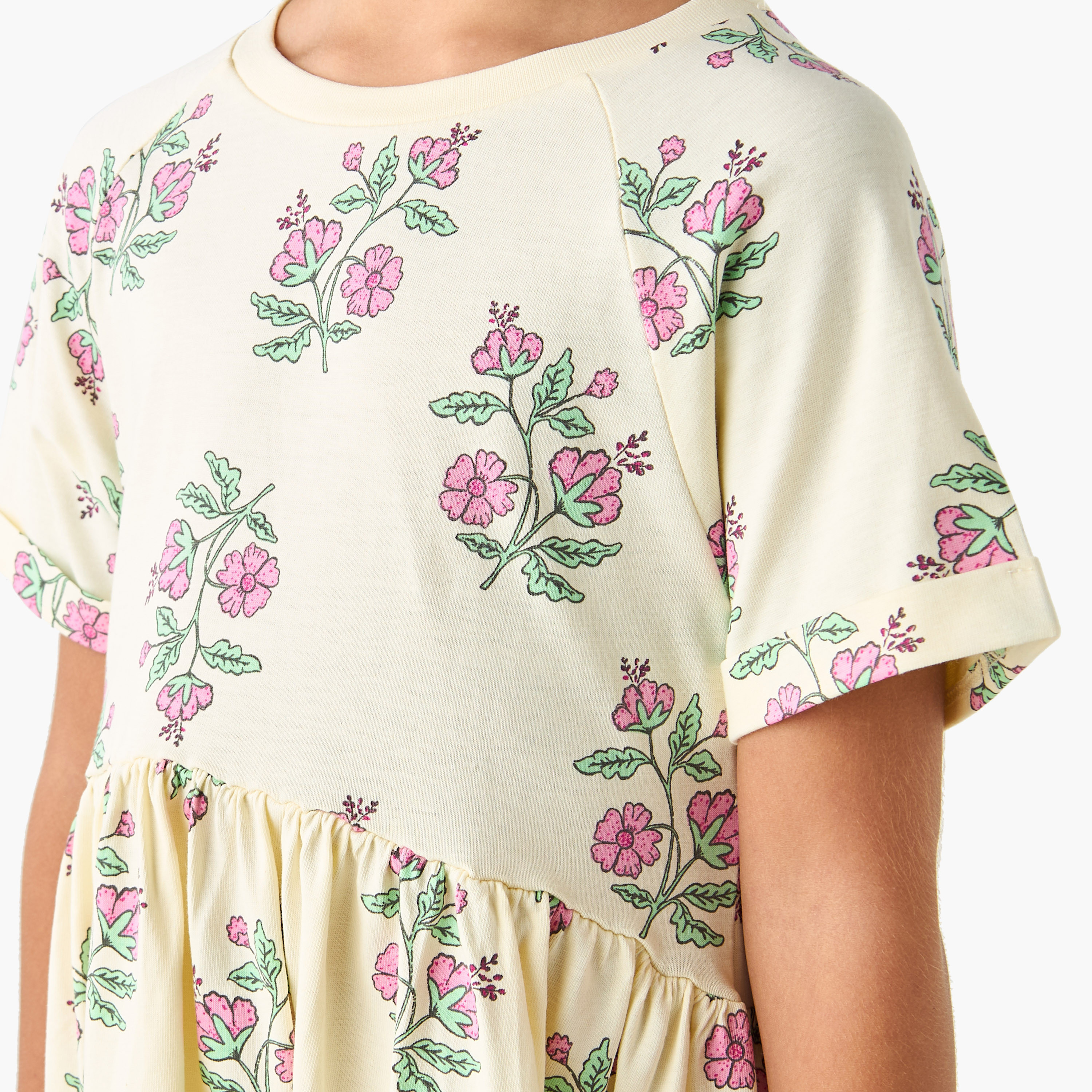 Juniors Floral Print A-line Dress with Round Neck and Raglan Sleeves-girls-clothing-dressesandjumpsuits-image-4