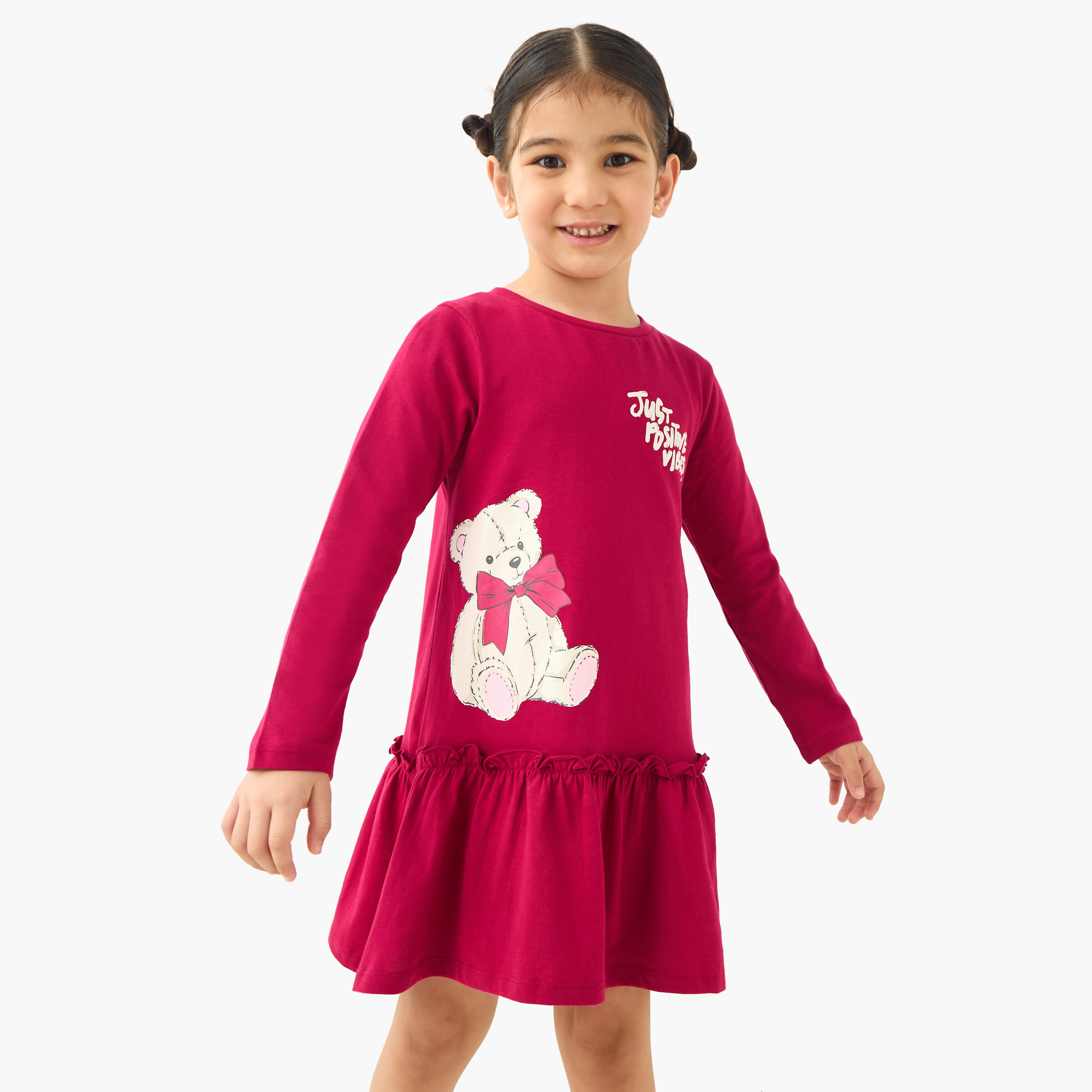 فستان بأكمام طويلة وطبعات دب من جونيورز-girls-clothing-dressesandjumpsuits-image-1