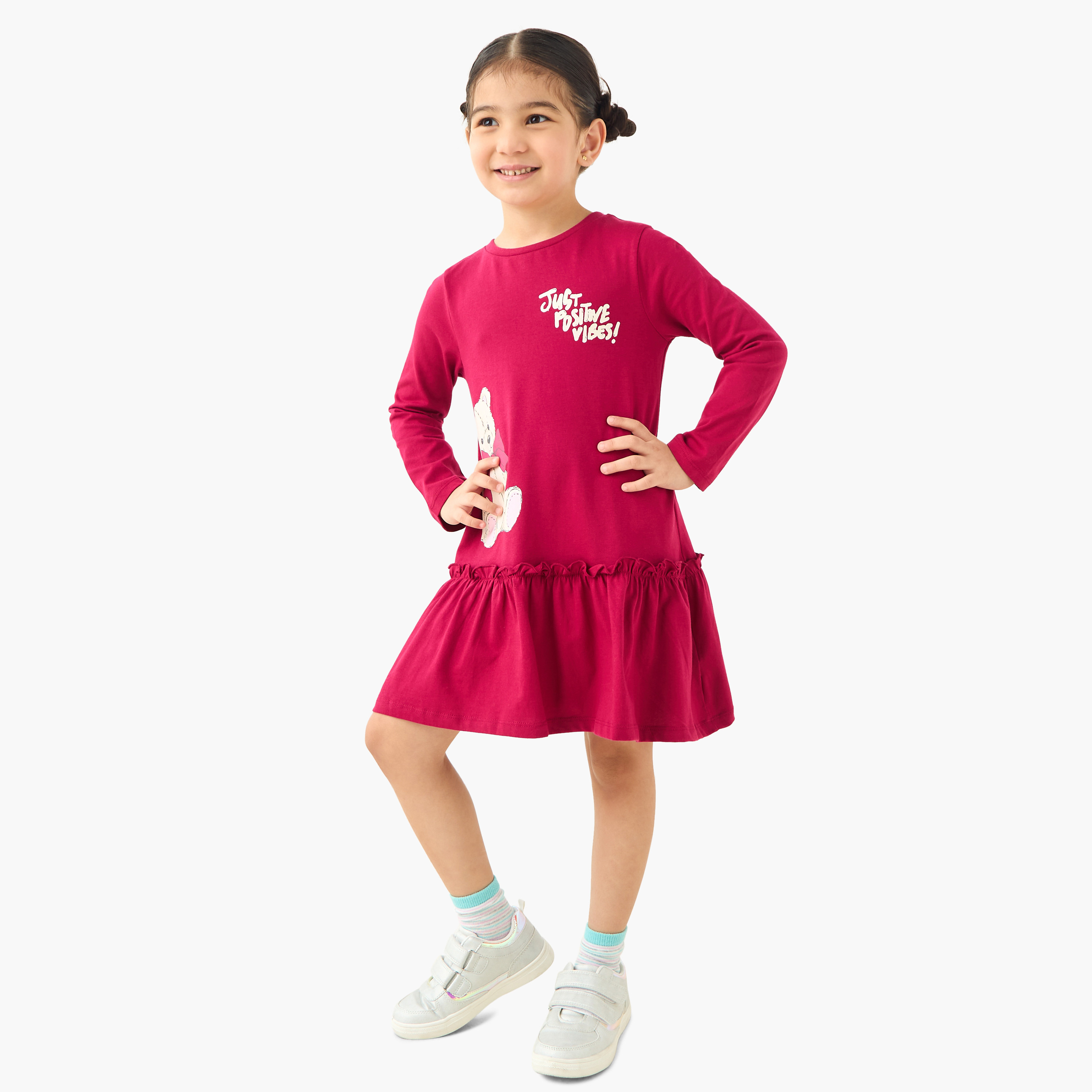 فستان بأكمام طويلة وطبعات دب من جونيورز-girls-clothing-dressesandjumpsuits-image-2