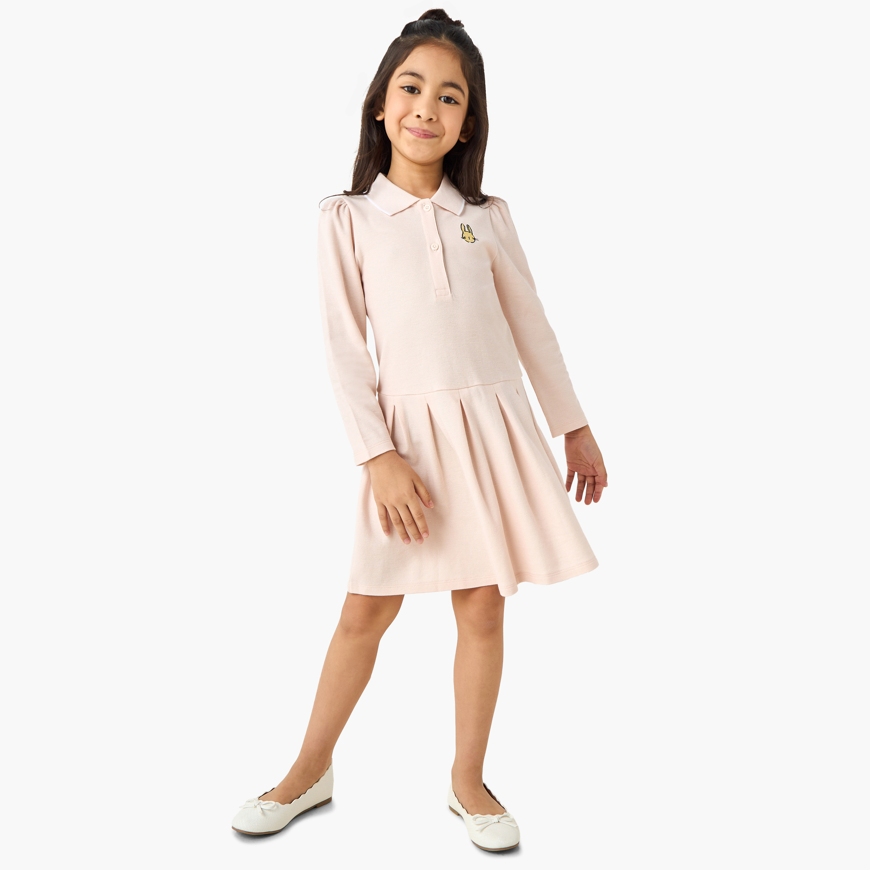 Juniors Collared Long Sleeves Knee Length Polo Dress-girls-clothing-dressesandjumpsuits-image-2