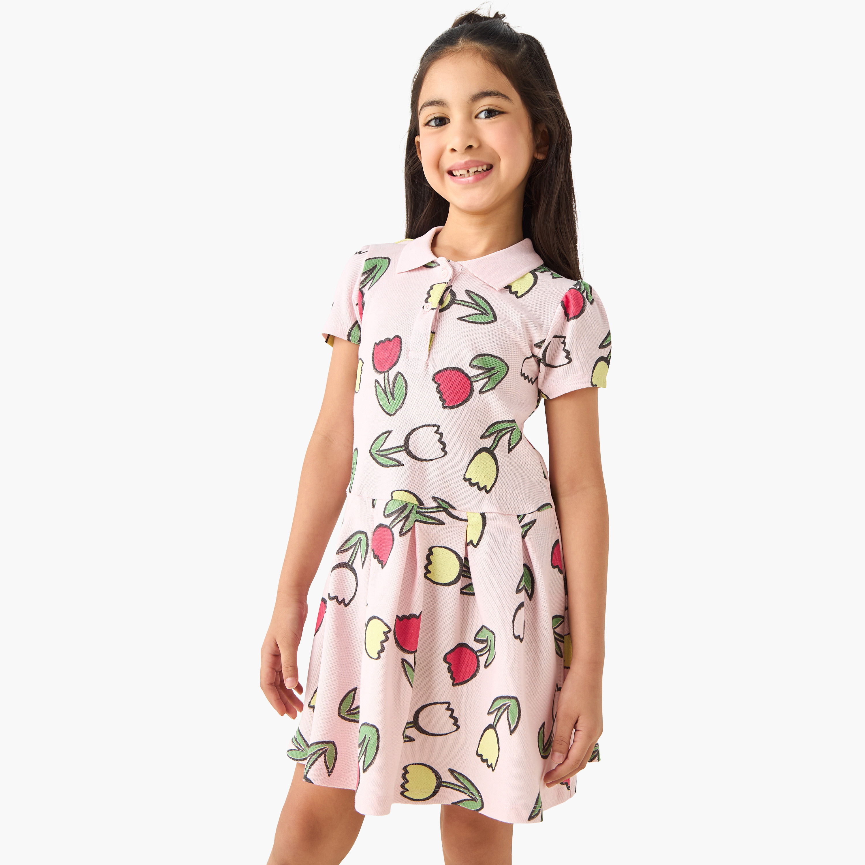 فستان بولو بطول الركبة بياقة عادية وأكمام قصيرة وطبعات زهرية من جونيورز -girls-clothing-dressesandjumpsuits-image-5