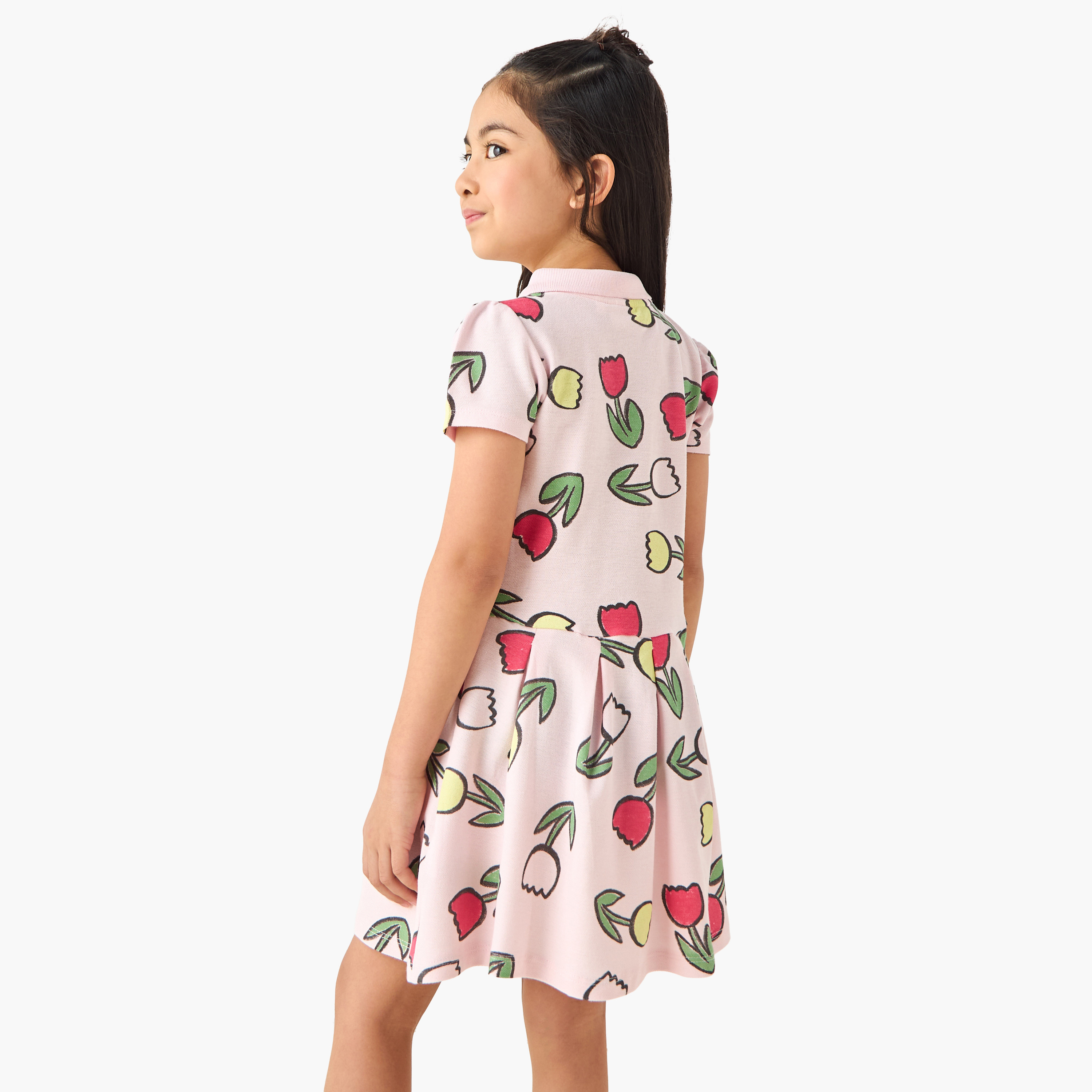 فستان بولو بطول الركبة بياقة عادية وأكمام قصيرة وطبعات زهرية من جونيورز -girls-clothing-dressesandjumpsuits-image-3