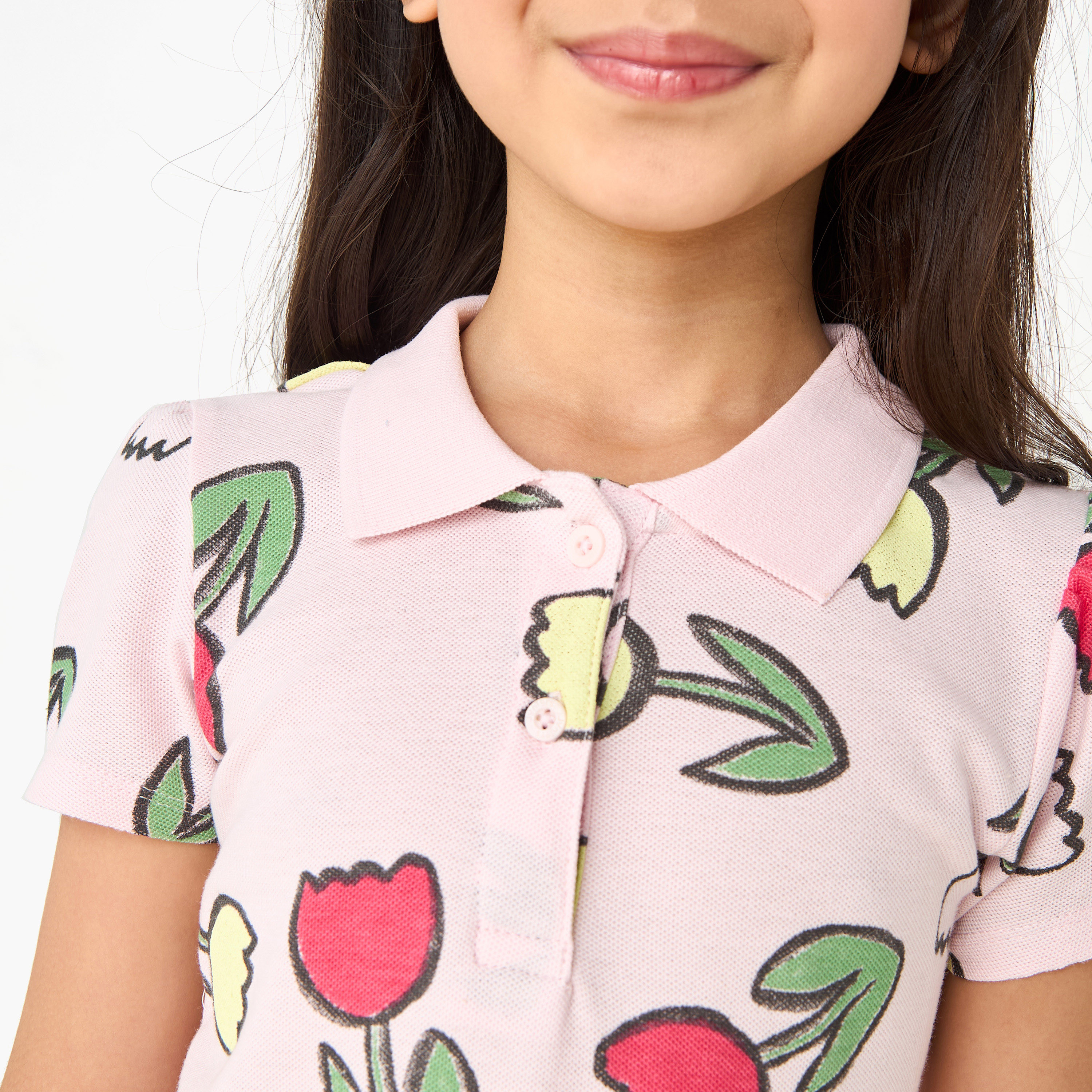 فستان بولو بطول الركبة بياقة عادية وأكمام قصيرة وطبعات زهرية من جونيورز -girls-clothing-dressesandjumpsuits-image-2