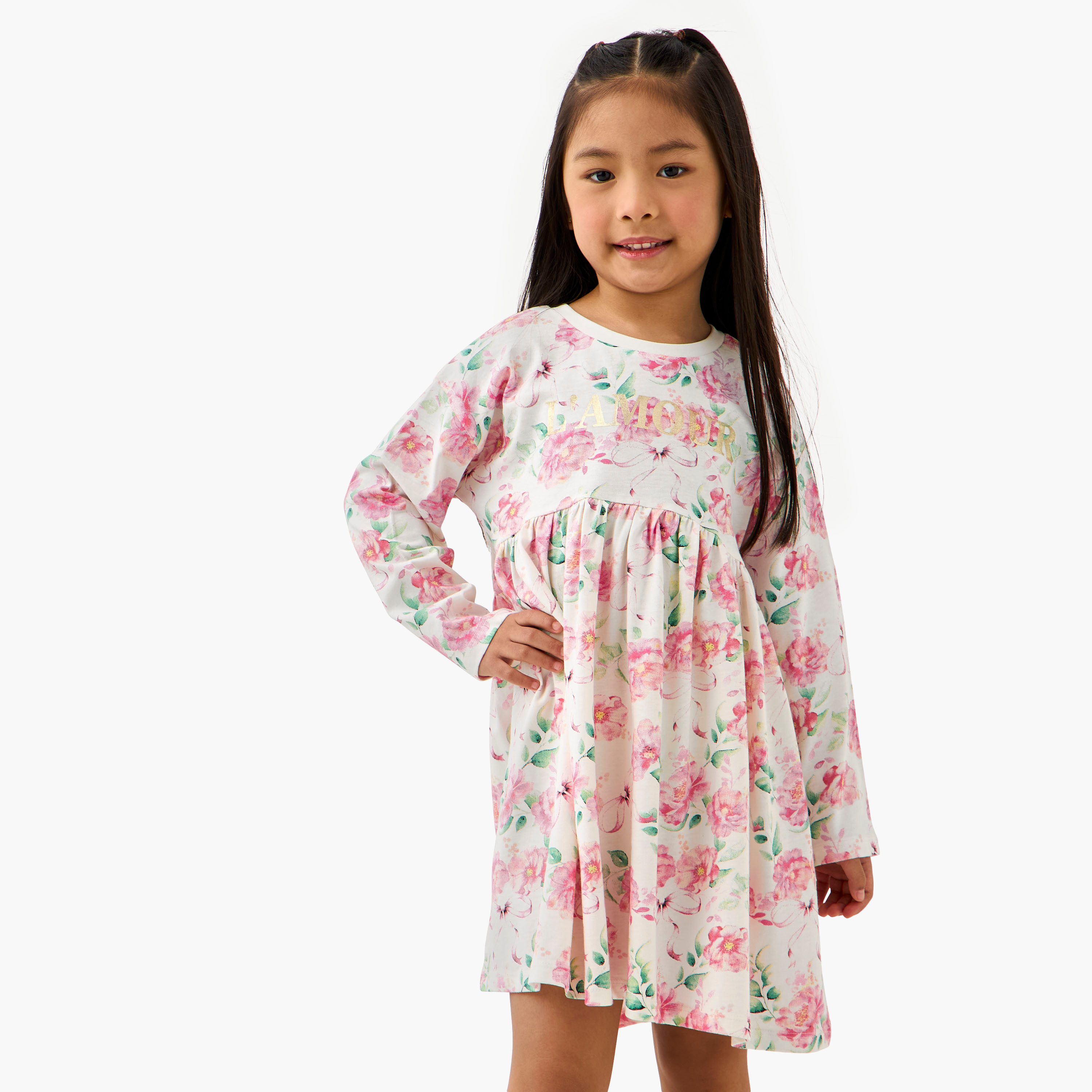 Juniors Round Neck Long Sleeves Dress with Floral Print-girls-clothing-dressesandjumpsuits-image-1