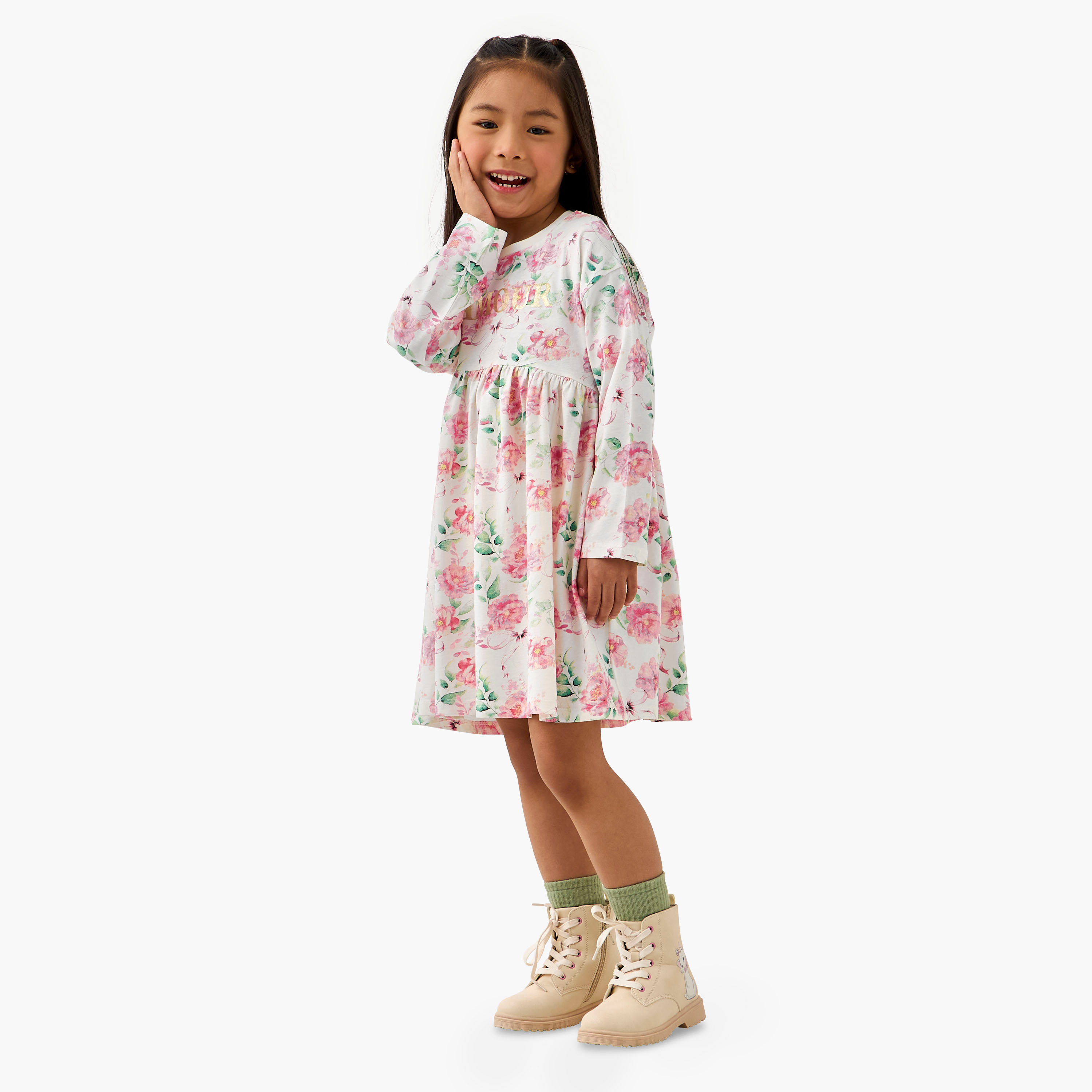 Juniors Round Neck Long Sleeves Dress with Floral Print-girls-clothing-dressesandjumpsuits-image-2