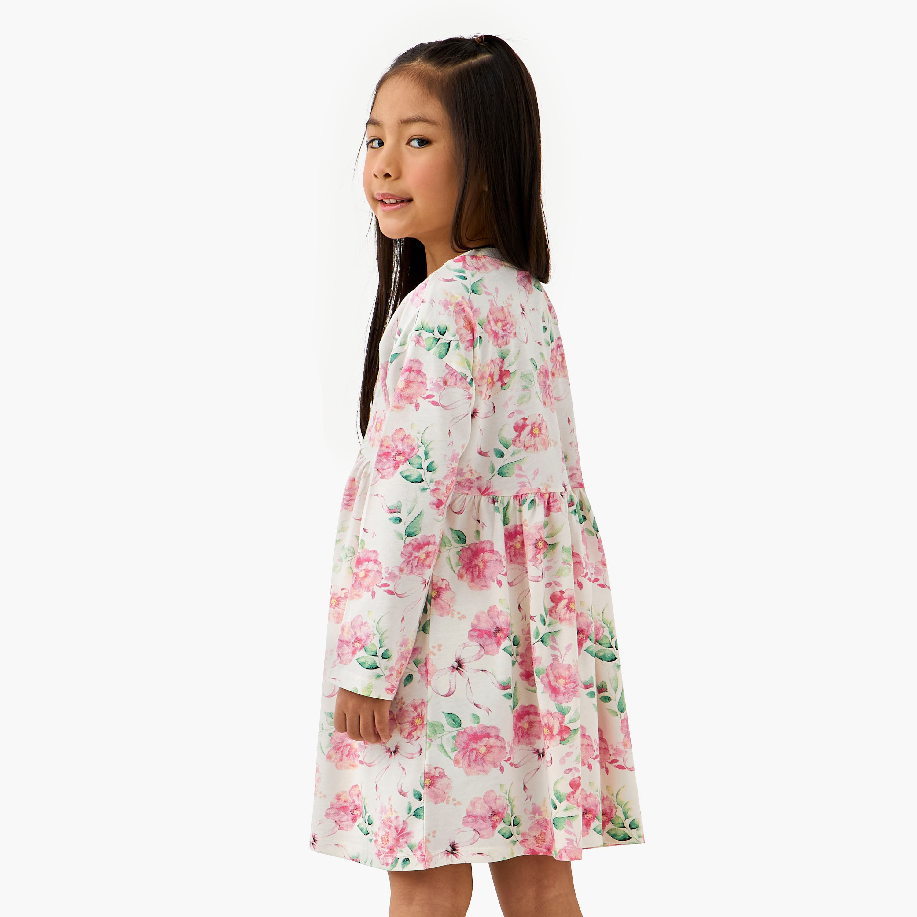 Juniors Round Neck Long Sleeves Dress with Floral Print-girls-clothing-dressesandjumpsuits-image-3