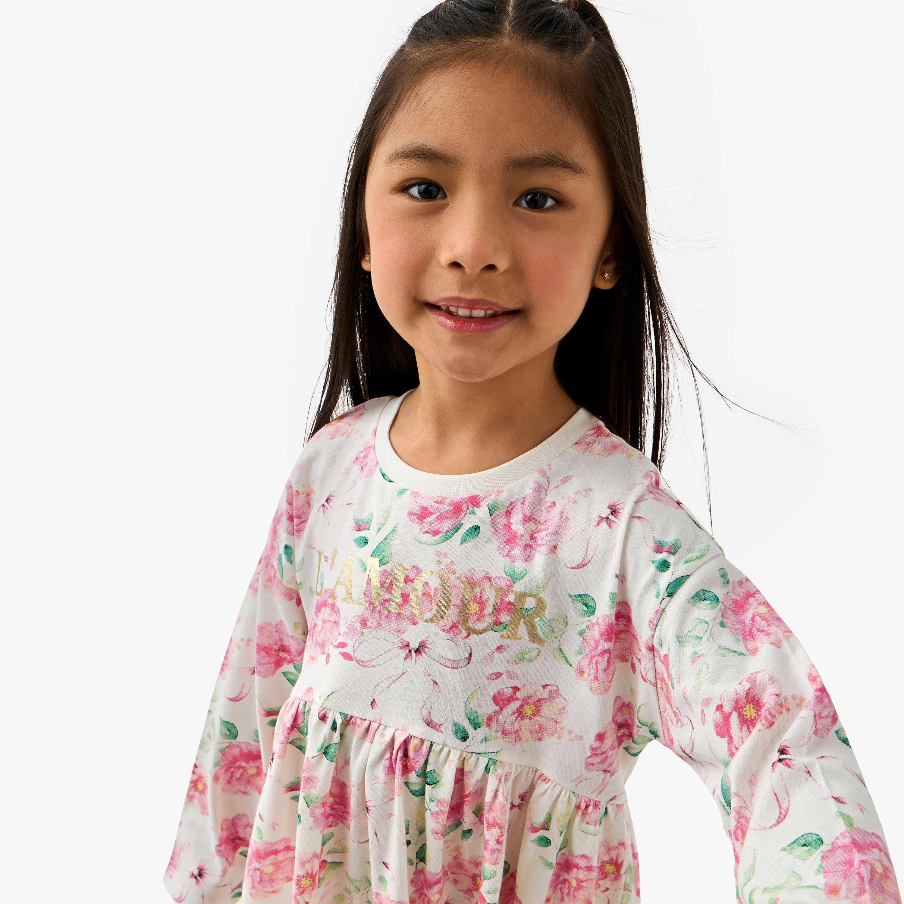 Juniors Round Neck Long Sleeves Dress with Floral Print-girls-clothing-dressesandjumpsuits-image-4
