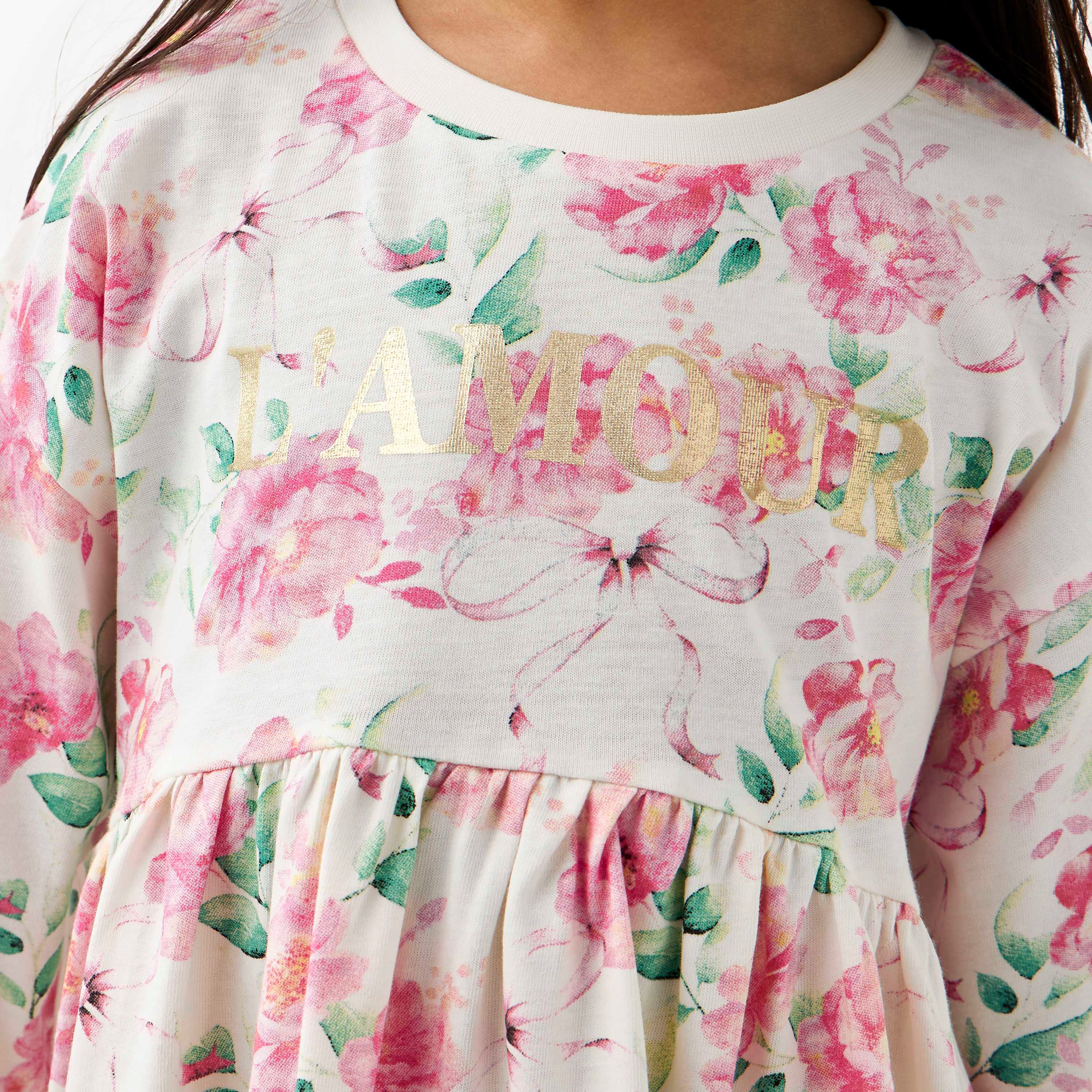 Juniors Round Neck Long Sleeves Dress with Floral Print-girls-clothing-dressesandjumpsuits-image-5