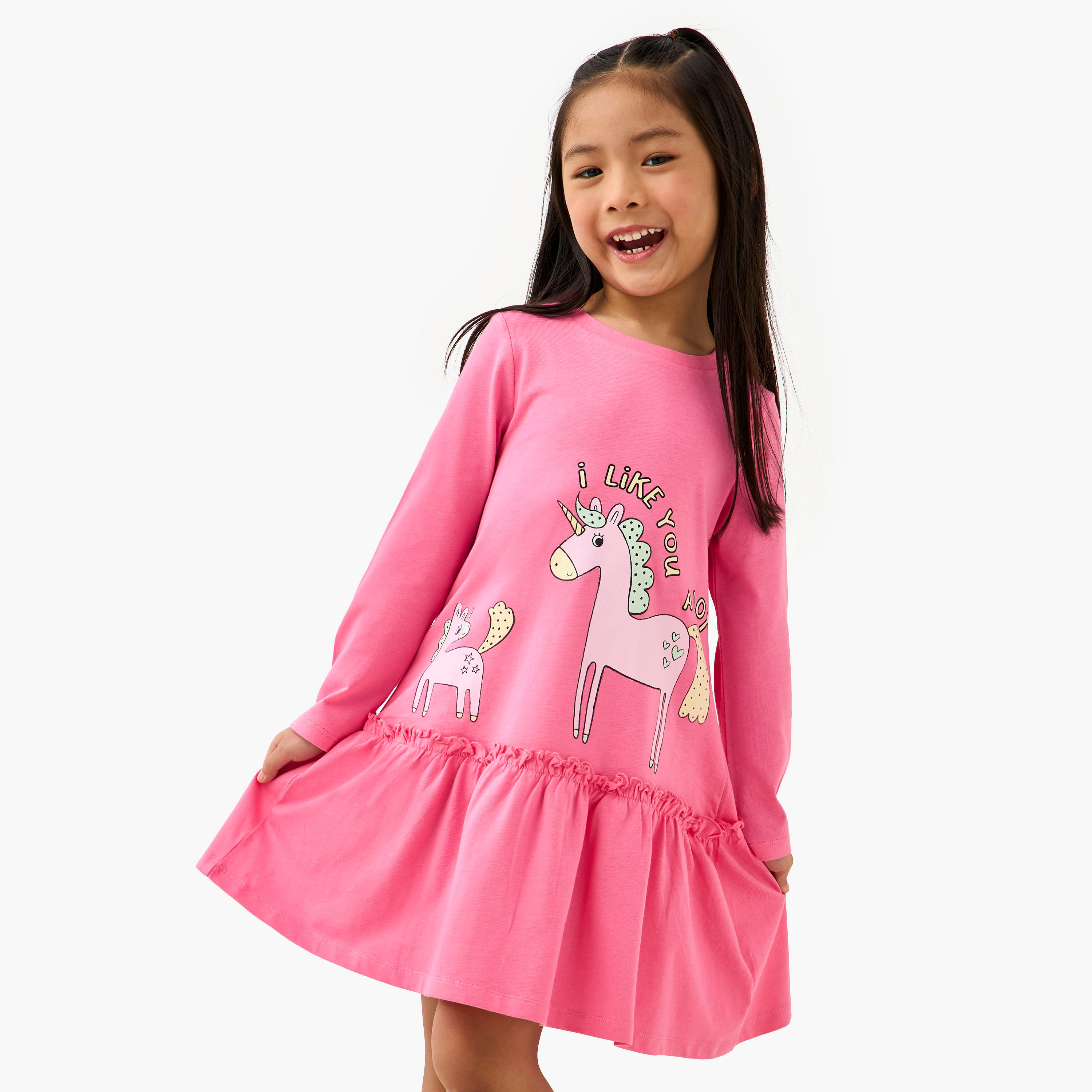 فستان بياقة مستديرة وأكمام طويلة وطبعات يونيكورن من جونيورز-girls-clothing-dressesandjumpsuits-image-5