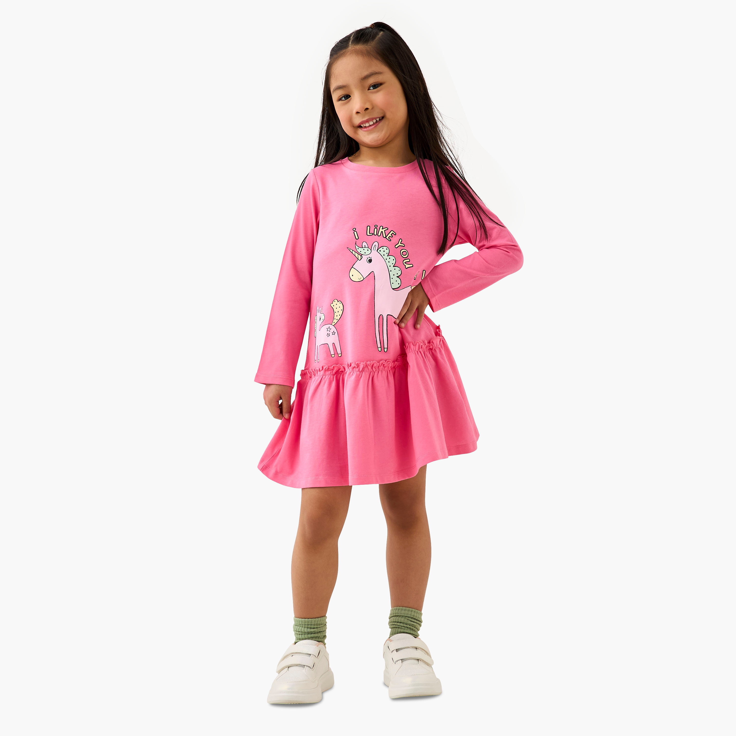 فستان بياقة مستديرة وأكمام طويلة وطبعات يونيكورن من جونيورز-girls-clothing-dressesandjumpsuits-image-4