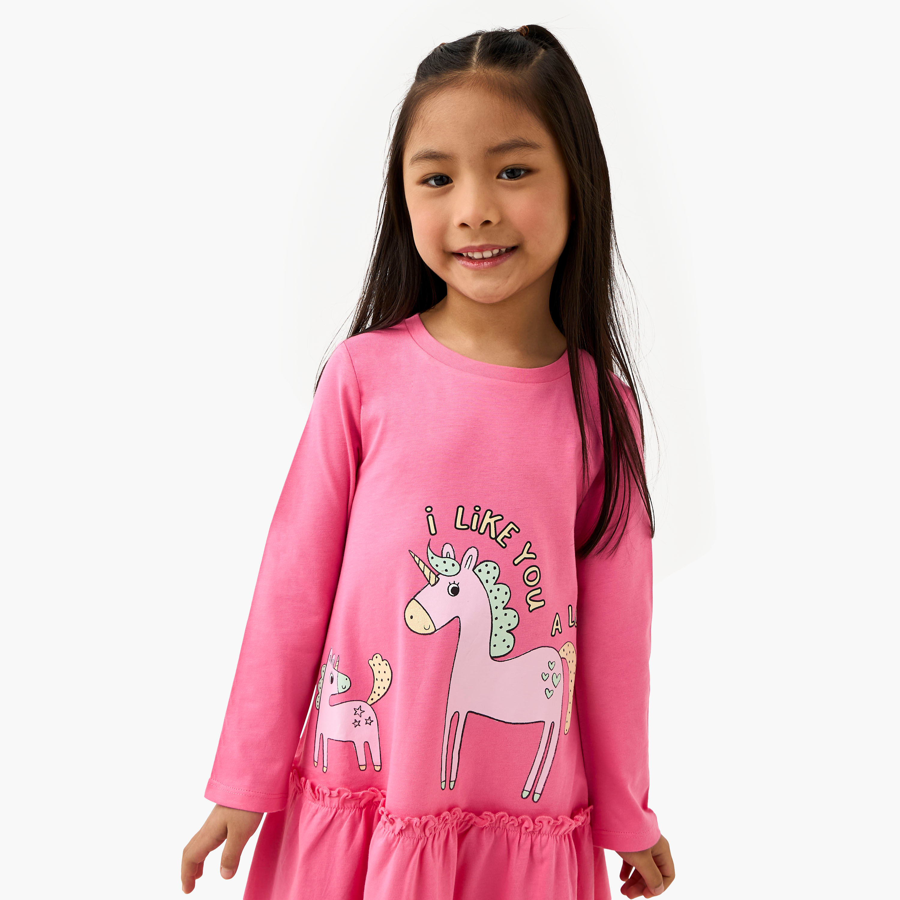 فستان بياقة مستديرة وأكمام طويلة وطبعات يونيكورن من جونيورز-girls-clothing-dressesandjumpsuits-image-2