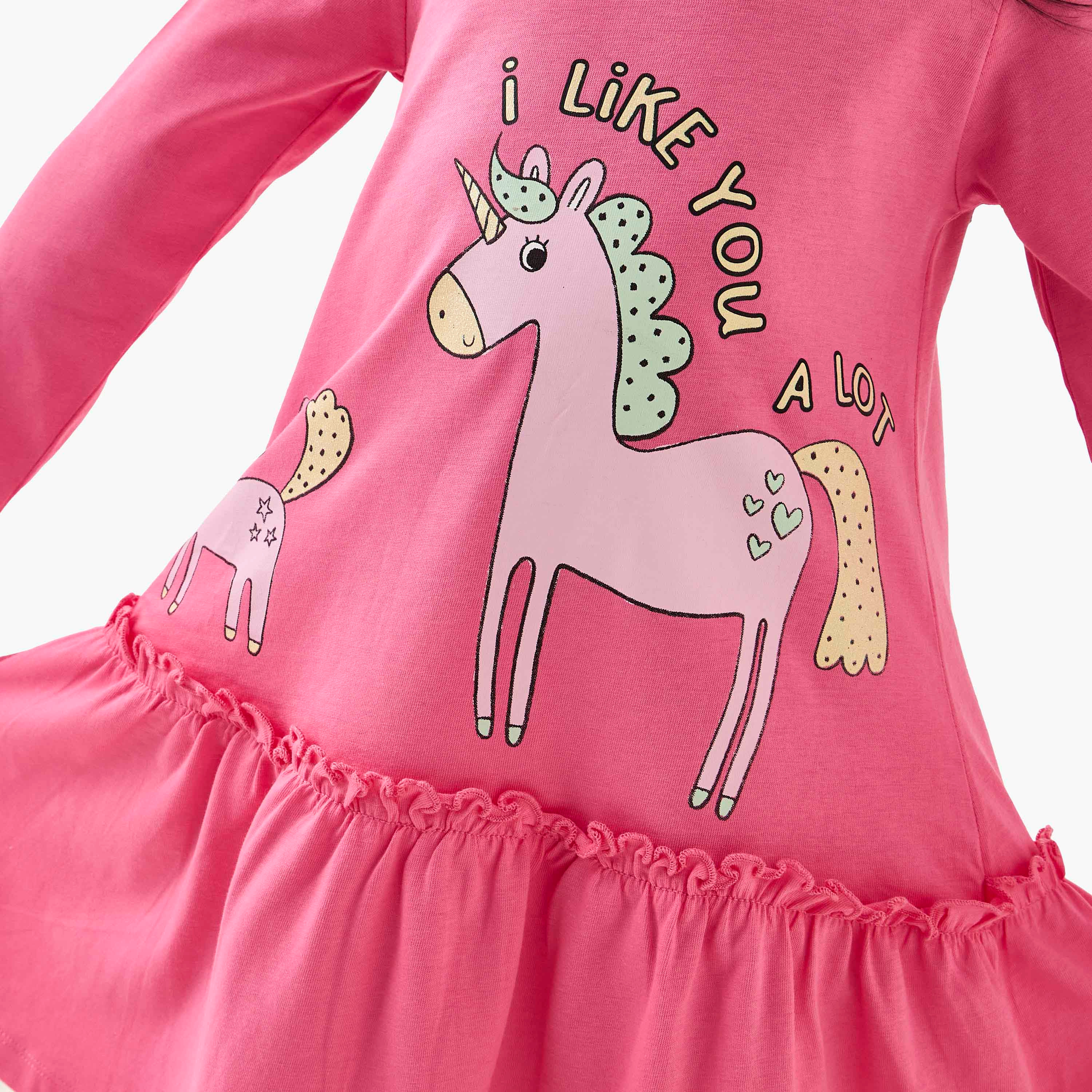 فستان بياقة مستديرة وأكمام طويلة وطبعات يونيكورن من جونيورز-girls-clothing-dressesandjumpsuits-image-1