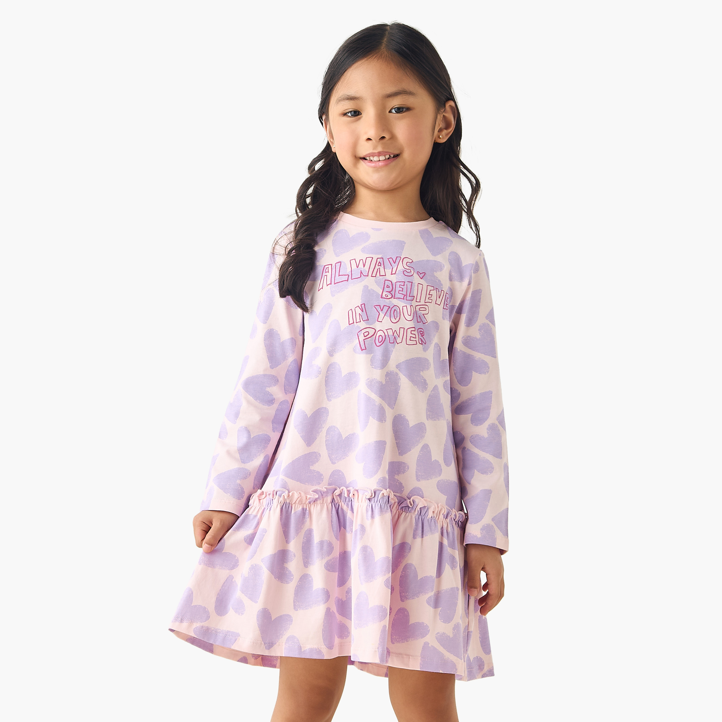 فستان بياقة مستديرة وأكمام طويلة وخصر منسدل وطبعات من جونيورز-girls-clothing-dressesandjumpsuits-image-1