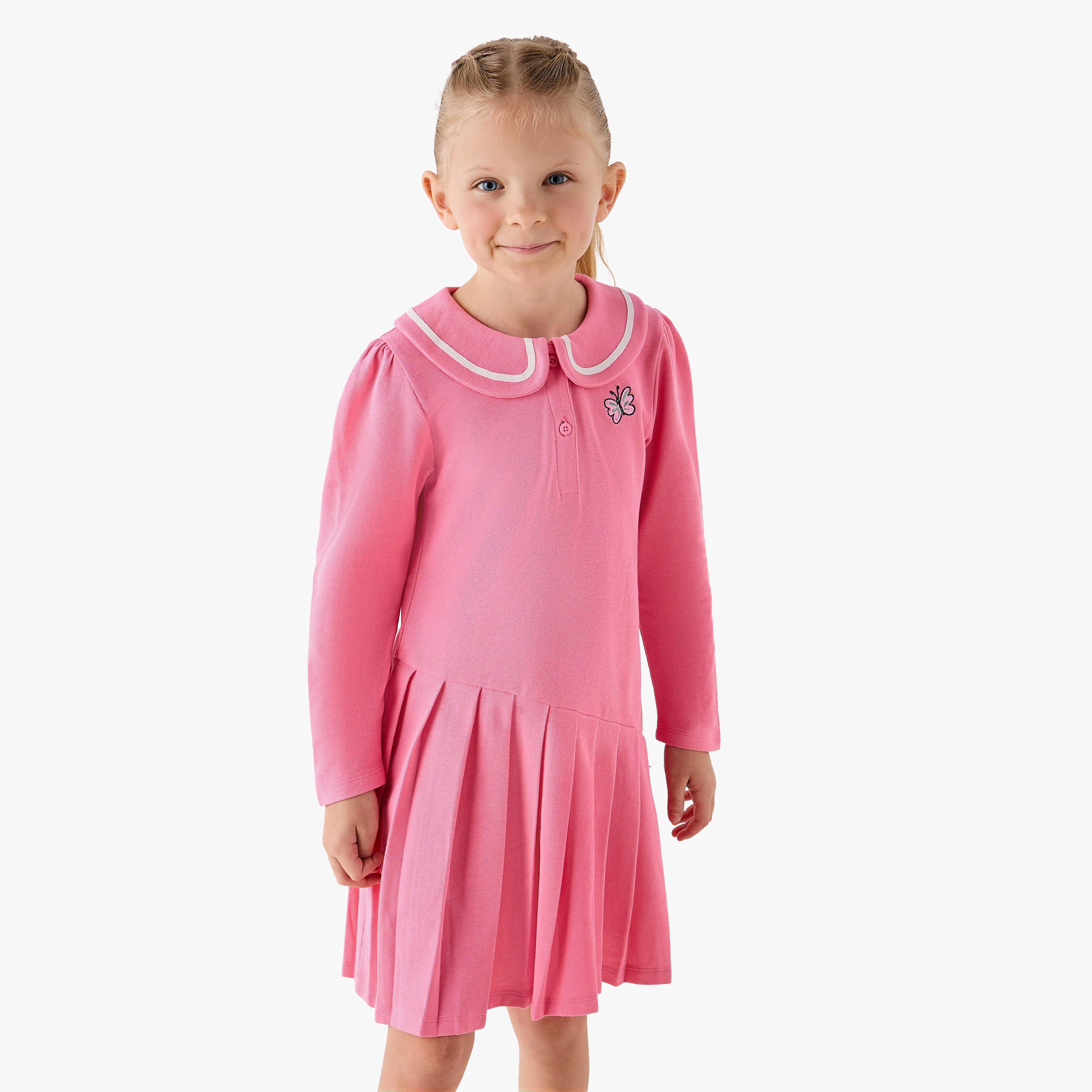 Juniors Peter Pan Collar Long Sleeves Knee Length Dress with Butterfly Embroidery-girls-clothing-dressesandjumpsuits-image-1