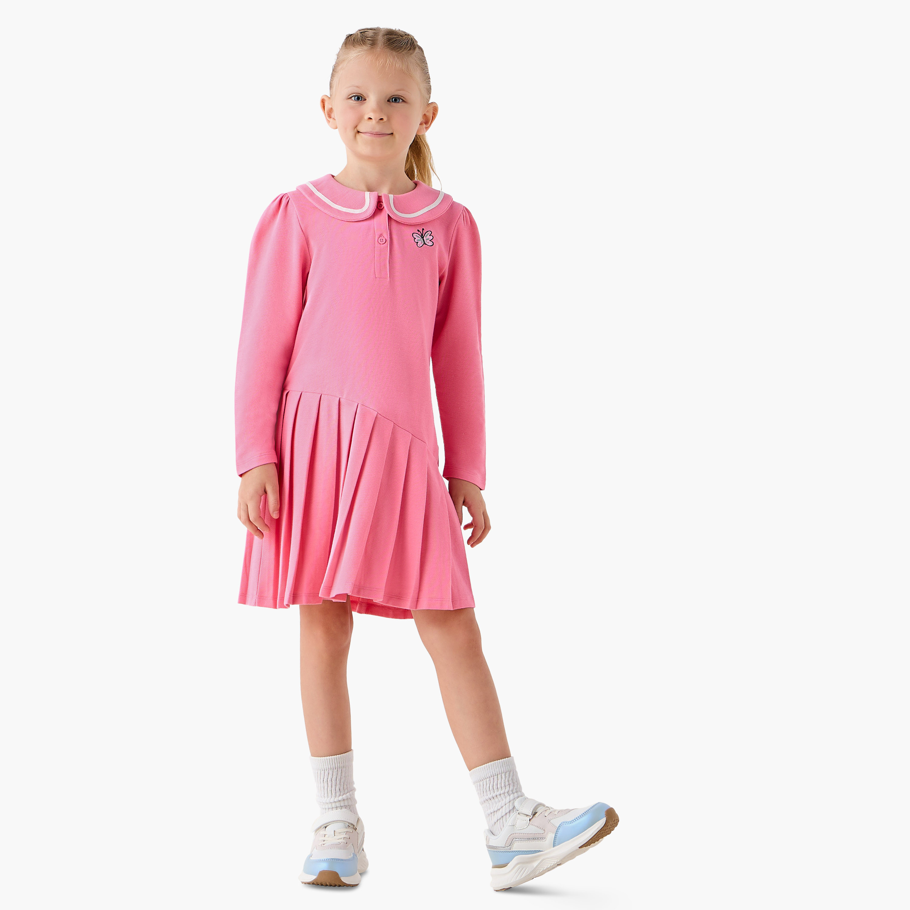 Juniors Peter Pan Collar Long Sleeves Knee Length Dress with Butterfly Embroidery-girls-clothing-dressesandjumpsuits-image-2