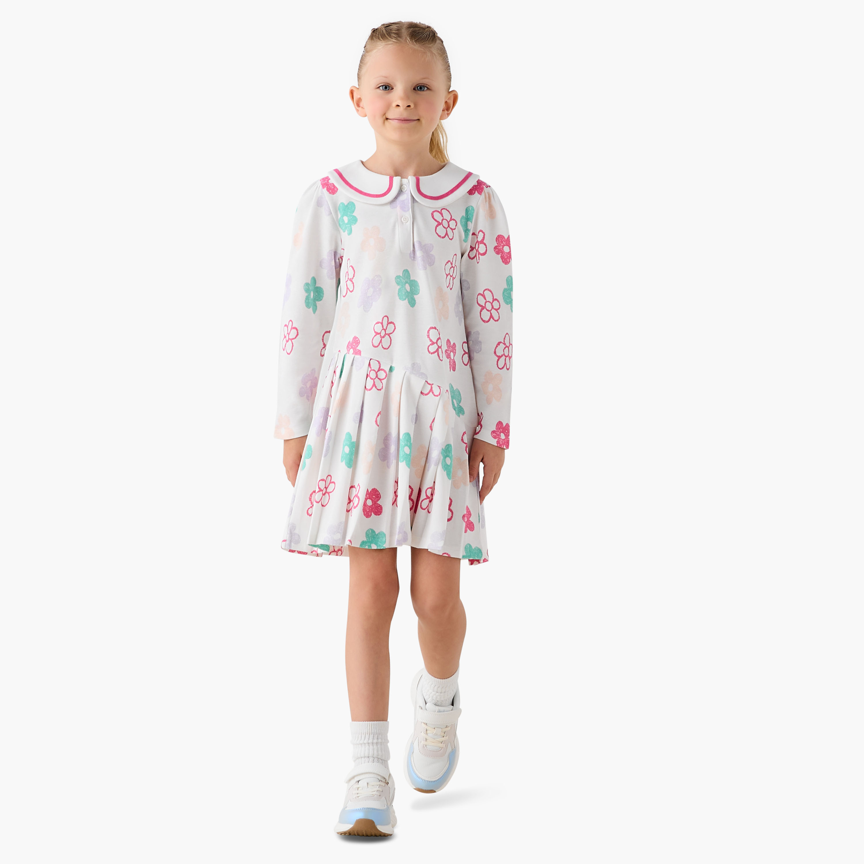 Juniors Peter Pan Collar Long Sleeves Dress with Floral Print-girls-clothing-dressesandjumpsuits-image-2