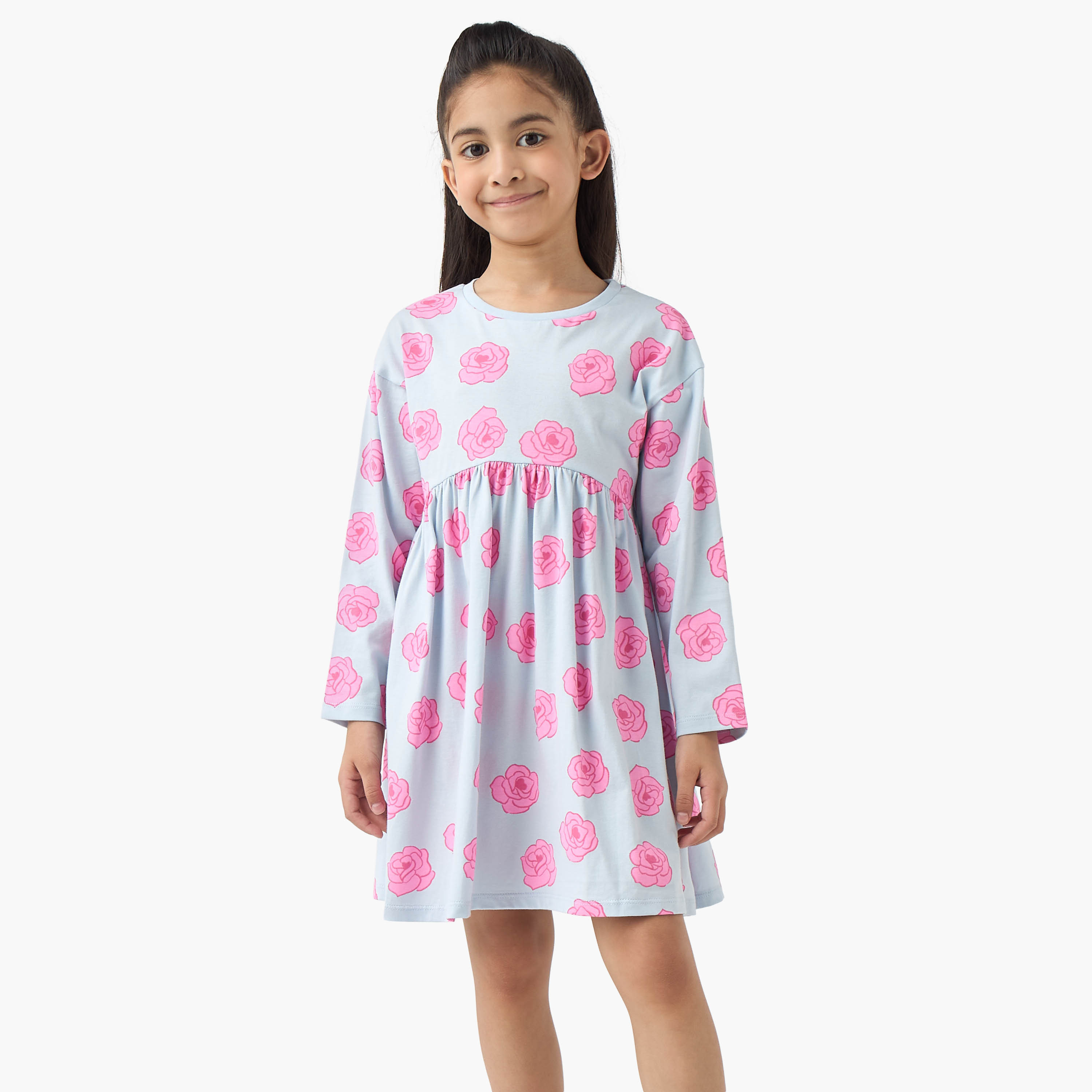 Juniors Round Neck Long Sleeves Dress with Floral Print-girls-clothing-dressesandjumpsuits-image-1
